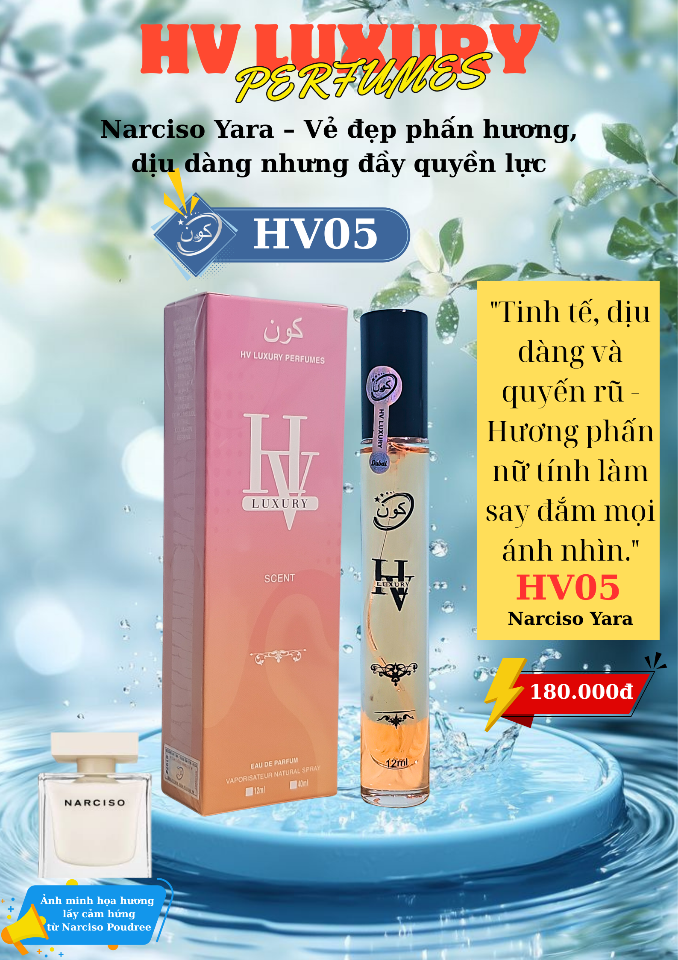 HV05 by HV Luxury -Mùi phấn hoa quyến rũ, nữ tính và thanh lịch tựa Narciso Poudree(mẫu mới)-duoc-ban-tai-HV LUXURY PERFUMES