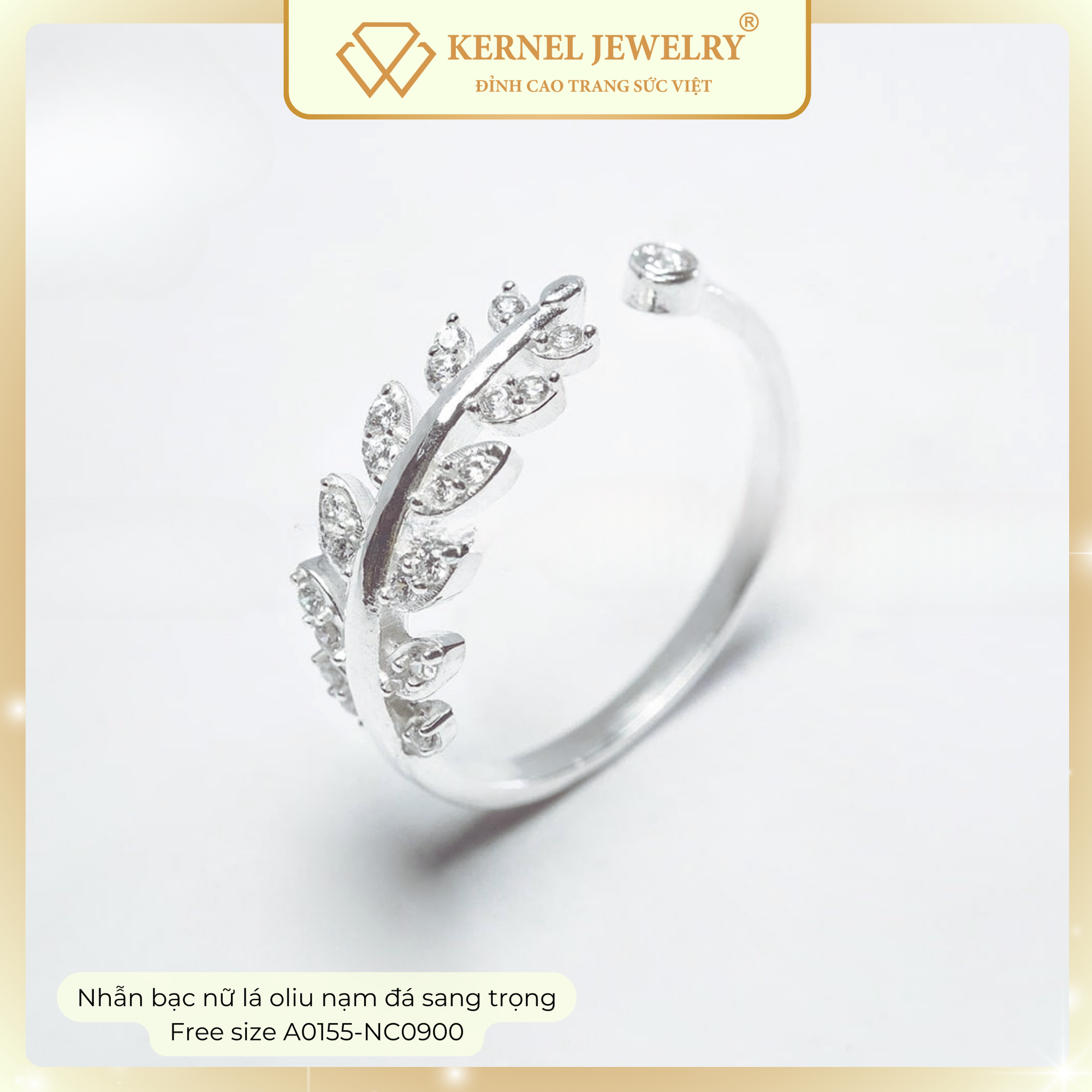 Nhẫn bạc nữ lá oliu nạm đá sang trọng Free size A0155-NC0900-duoc-ban-tai-KERNEL JEWELRY ®️
