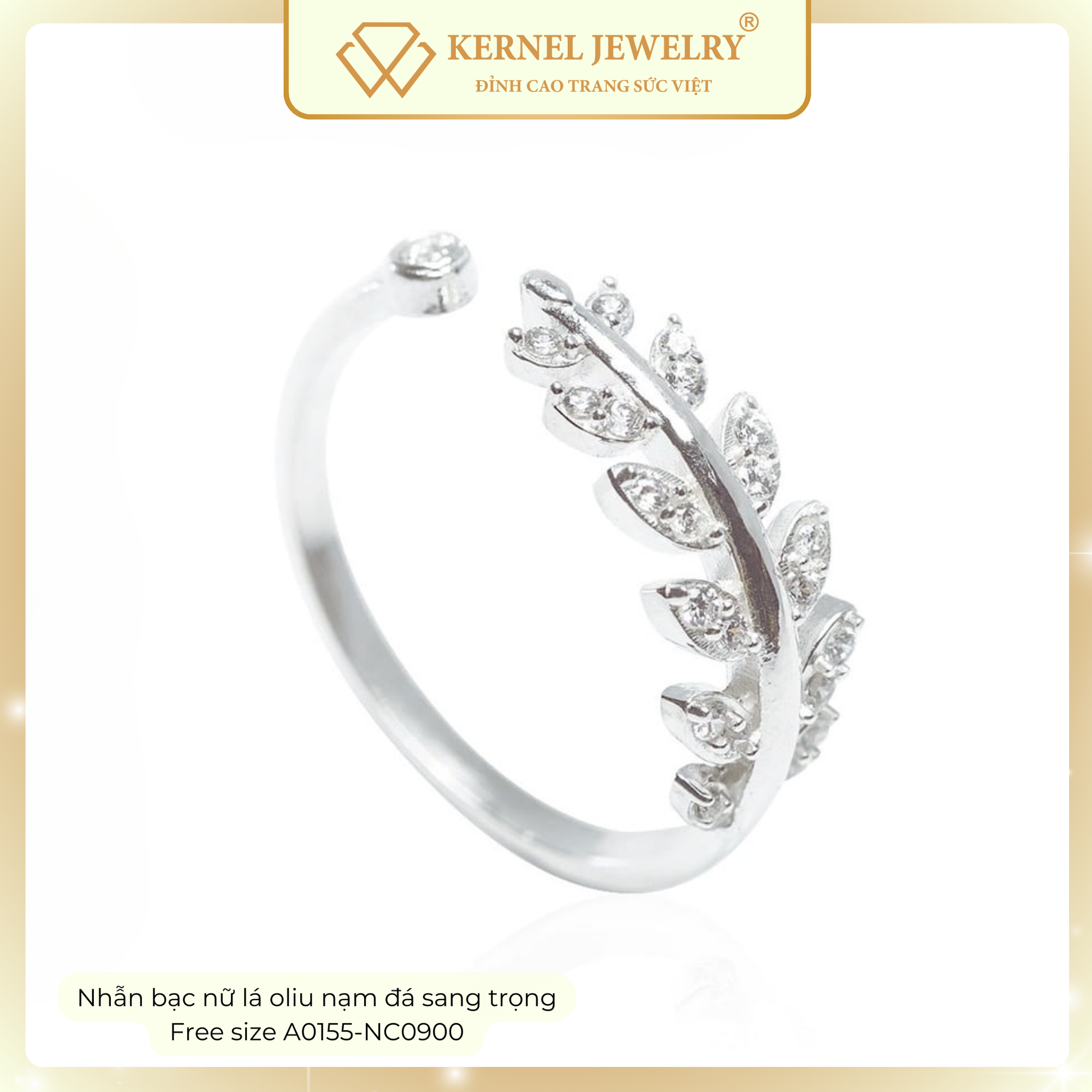 Nhẫn bạc nữ lá oliu nạm đá sang trọng Free size A0155-NC0900-duoc-ban-tai-KERNEL JEWELRY ®️