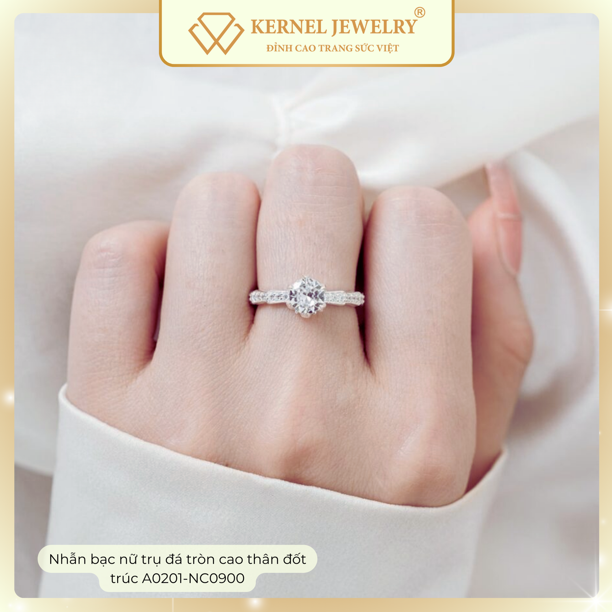 Nhẫn Bạc nữ trụ đá tròn cao thân đốt trúc KERNEL JEWELRY A0201-NC0900-duoc-ban-tai-KERNEL JEWELRY ®️