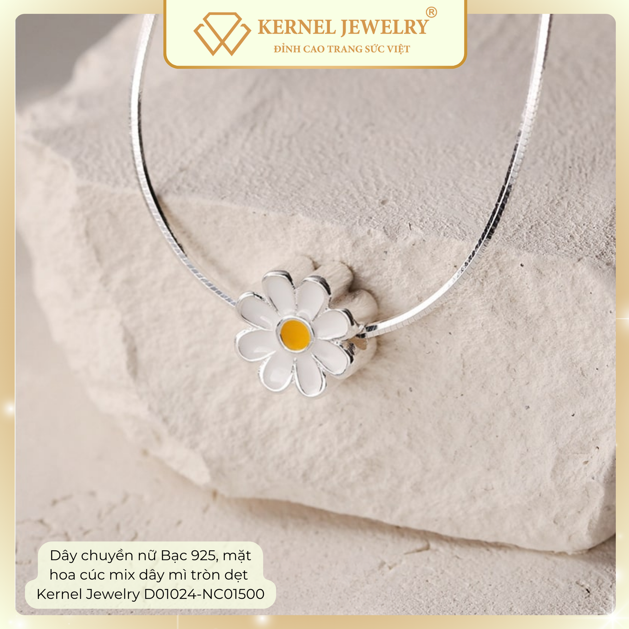 Dây chuyền nữ Bạc 925, mặt hoa cúc mix dây mì tròn dẹt  Kernel Jewelry D01024-NC01500-duoc-ban-tai-KERNEL JEWELRY ®️