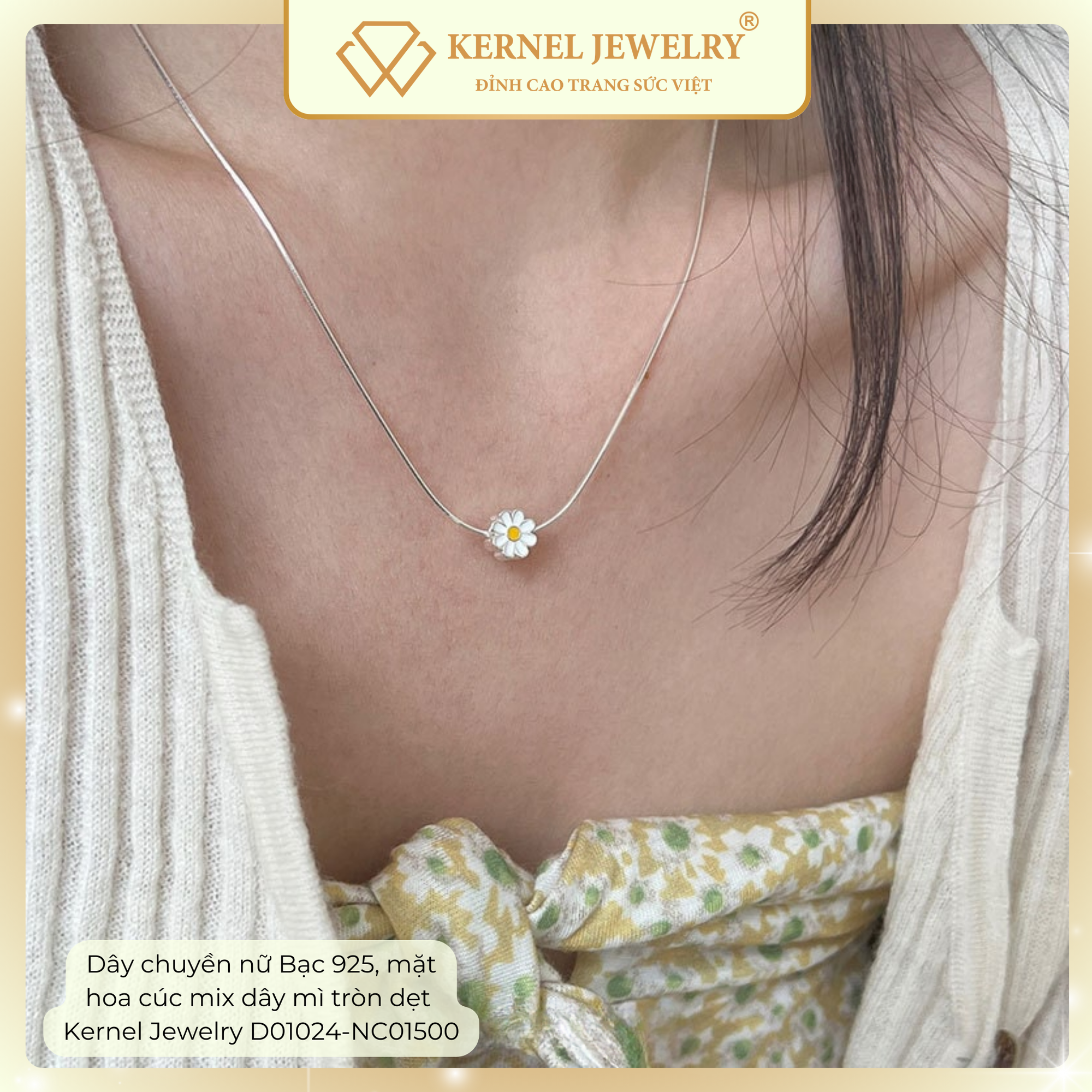 Dây chuyền nữ Bạc 925, mặt hoa cúc mix dây mì tròn dẹt  Kernel Jewelry D01024-NC01500-duoc-ban-tai-KERNEL JEWELRY ®️