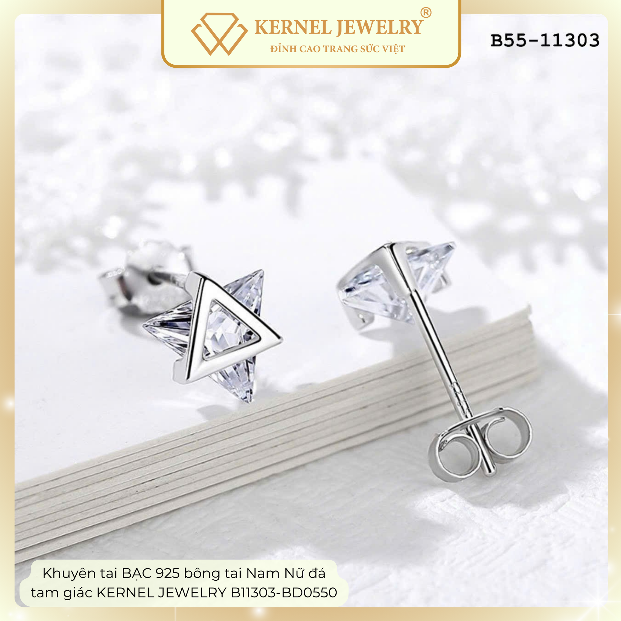 Khuyên tai BẠC 925 bông tai Nam Nữ đá tam giác KERNEL JEWELRY B11303-BD0550-duoc-ban-tai-KERNEL JEWELRY ®️