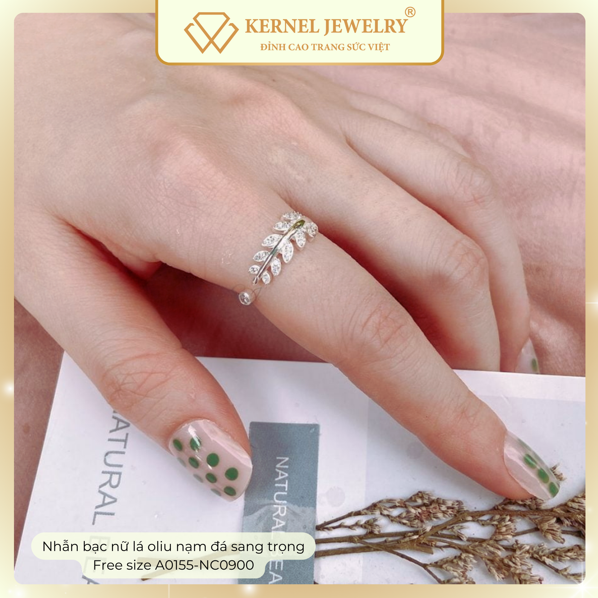 Nhẫn bạc nữ lá oliu nạm đá sang trọng Free size A0155-NC0900-duoc-ban-tai-KERNEL JEWELRY ®️