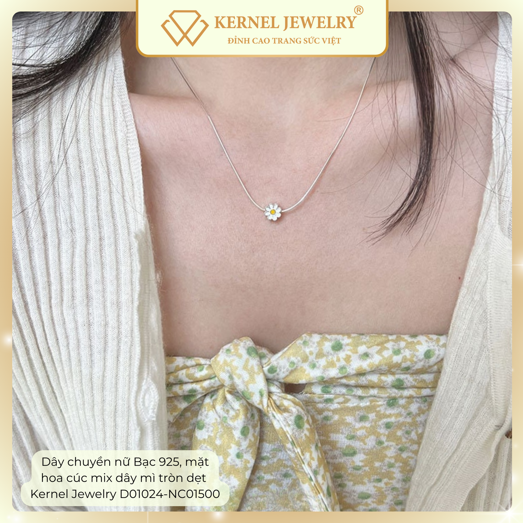 Dây chuyền nữ Bạc 925, mặt hoa cúc mix dây mì tròn dẹt  Kernel Jewelry D01024-NC01500-duoc-ban-tai-KERNEL JEWELRY ®️