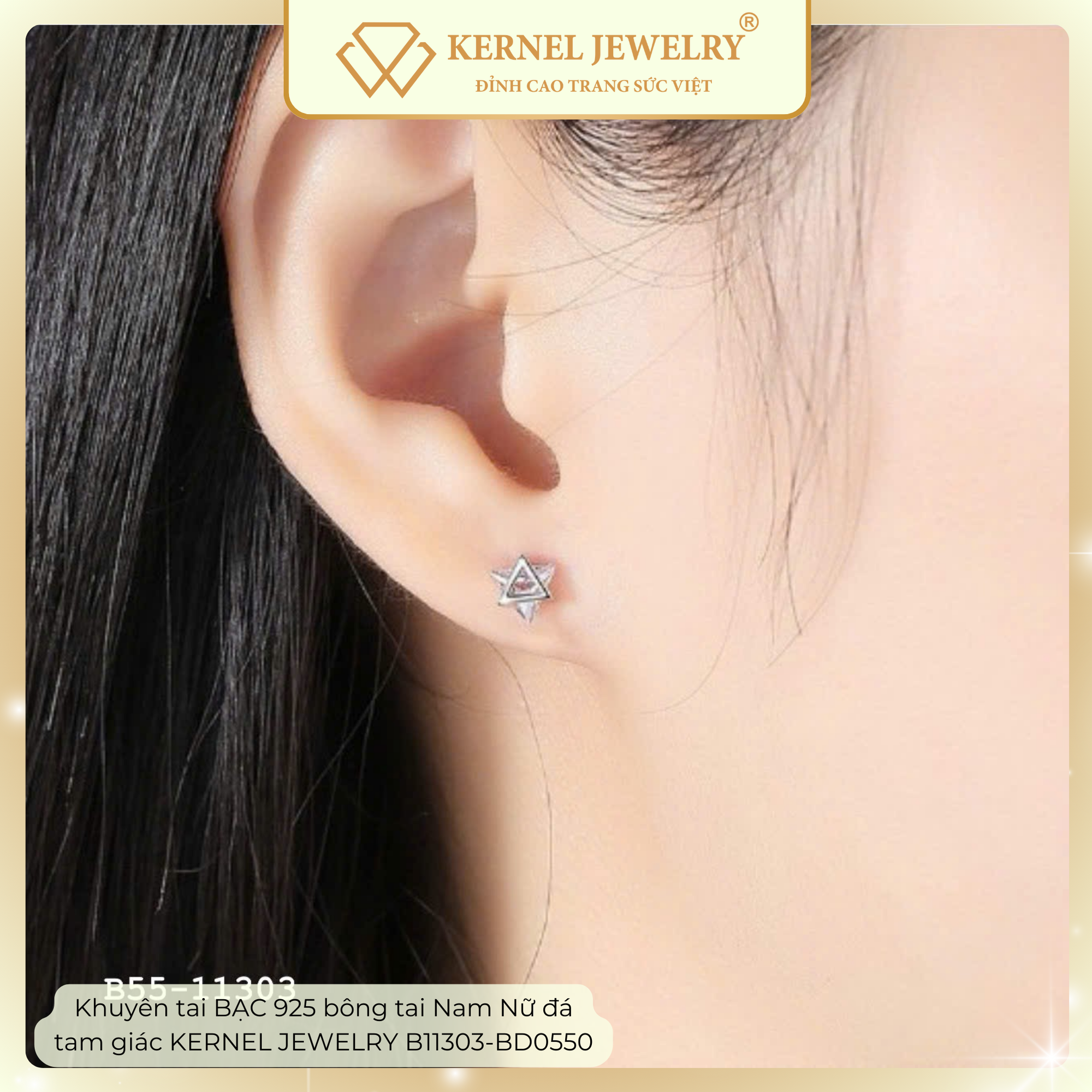 Khuyên tai BẠC 925 bông tai Nam Nữ đá tam giác KERNEL JEWELRY B11303-BD0550-duoc-ban-tai-KERNEL JEWELRY ®️