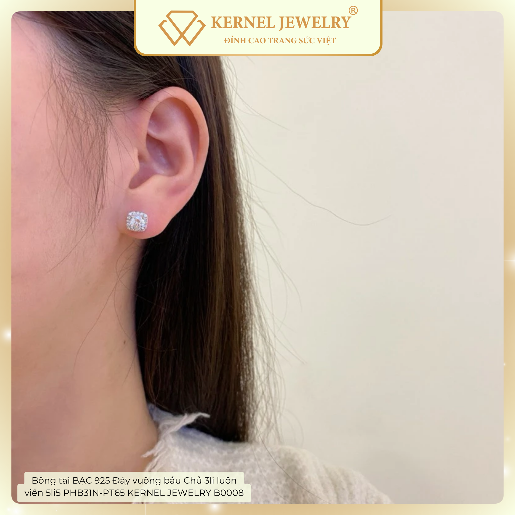 Bông tai BẠC 925 Đáy vuông bầu Chủ 3li luôn viền 5li5 PHB31N-PT65 KERNEL JEWELRY B0008-duoc-ban-tai-KERNEL JEWELRY ®️
