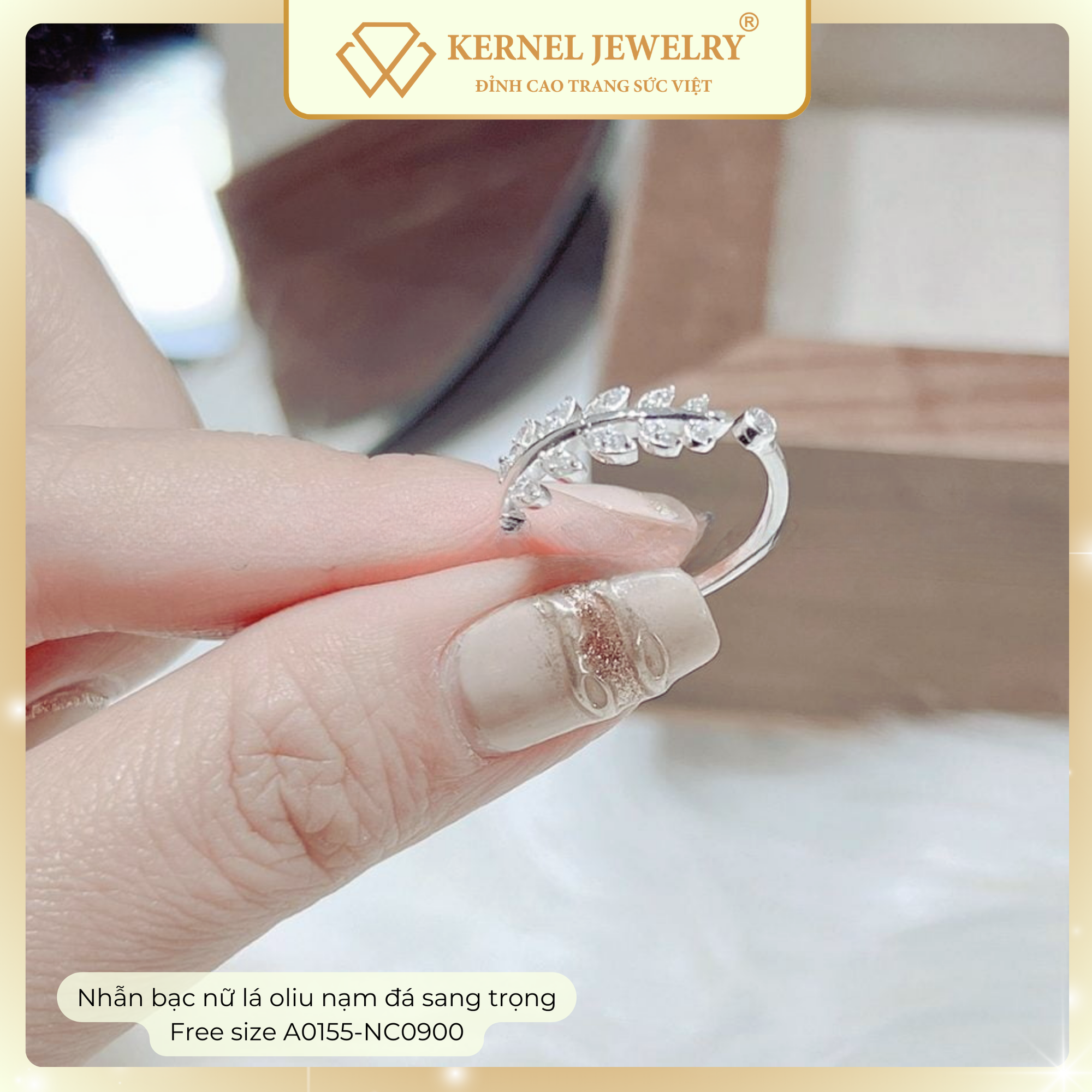 Nhẫn bạc nữ lá oliu nạm đá sang trọng Free size A0155-NC0900-duoc-ban-tai-KERNEL JEWELRY ®️