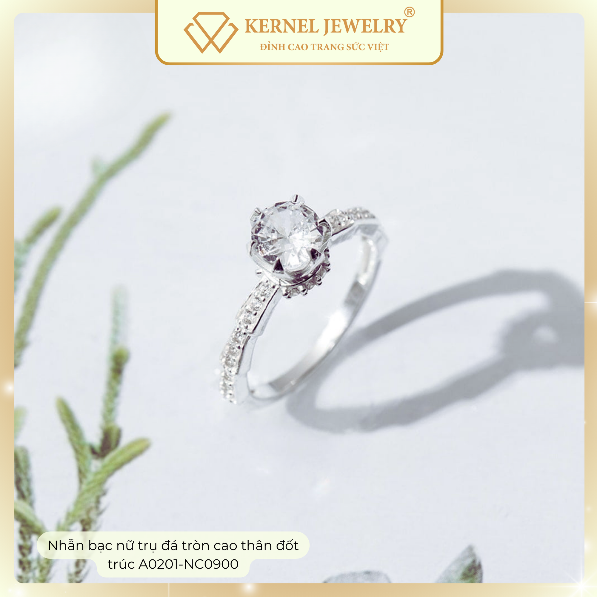 Nhẫn Bạc nữ trụ đá tròn cao thân đốt trúc KERNEL JEWELRY A0201-NC0900-duoc-ban-tai-KERNEL JEWELRY ®️