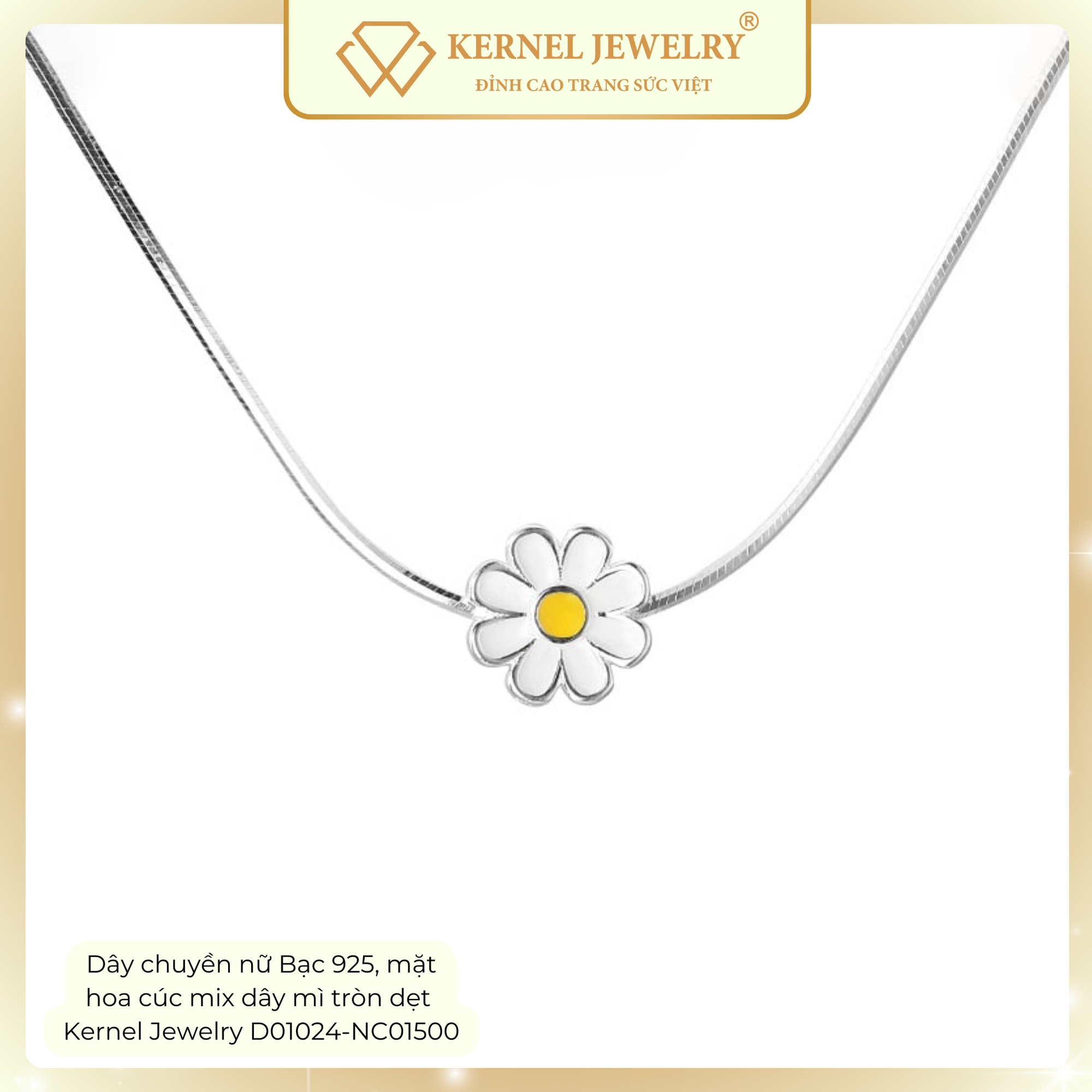Dây chuyền nữ Bạc 925, mặt hoa cúc mix dây mì tròn dẹt  Kernel Jewelry D01024-NC01500-duoc-ban-tai-KERNEL JEWELRY ®️