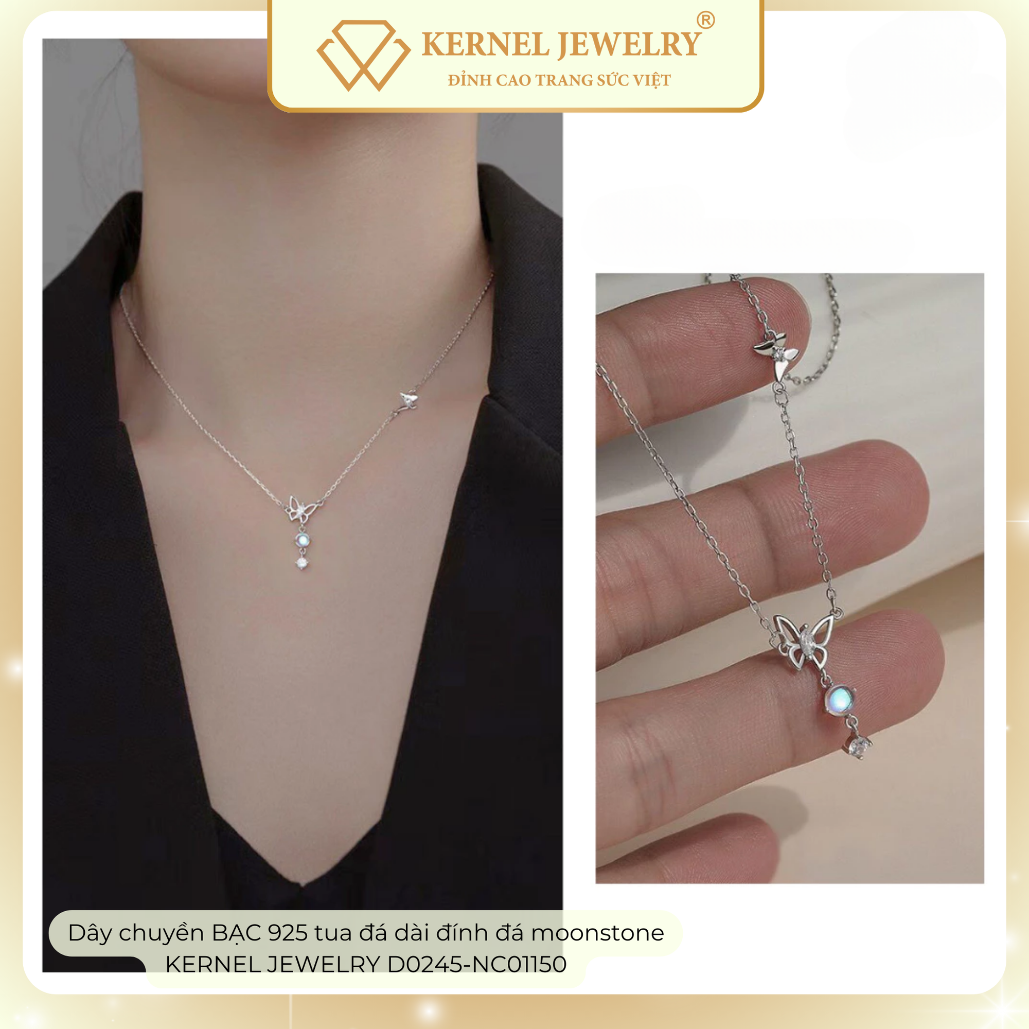 Dây chuyền BẠC 925 hồ điệp tua đá dài đính đá moonstone KERNEL JEWELRY D0245-NC01150-duoc-ban-tai-KERNEL JEWELRY ®️