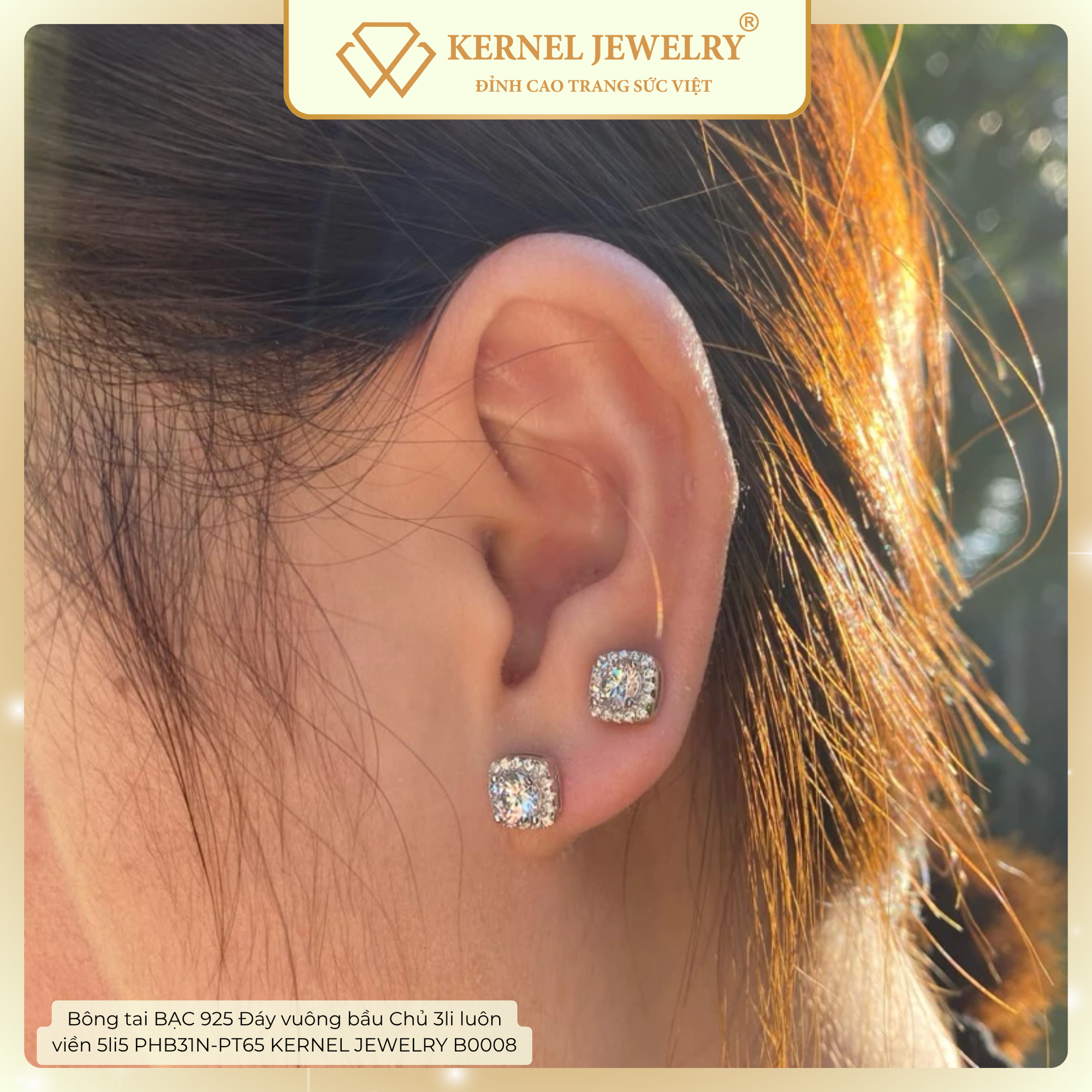 Bông tai BẠC 925 Đáy vuông bầu Chủ 3li luôn viền 5li5 PHB31N-PT65 KERNEL JEWELRY B0008-duoc-ban-tai-KERNEL JEWELRY ®️