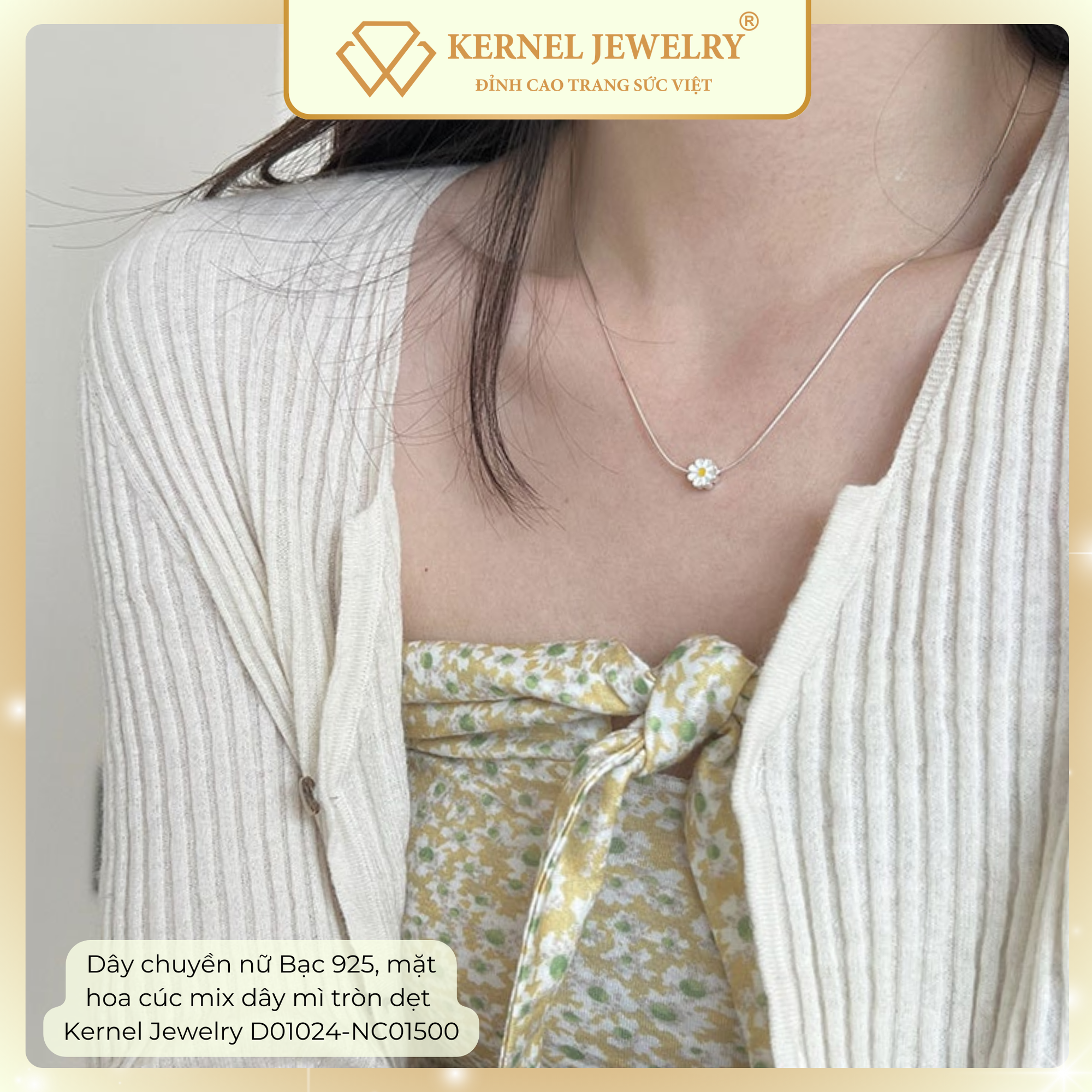 Dây chuyền nữ Bạc 925, mặt hoa cúc mix dây mì tròn dẹt  Kernel Jewelry D01024-NC01500-duoc-ban-tai-KERNEL JEWELRY ®️
