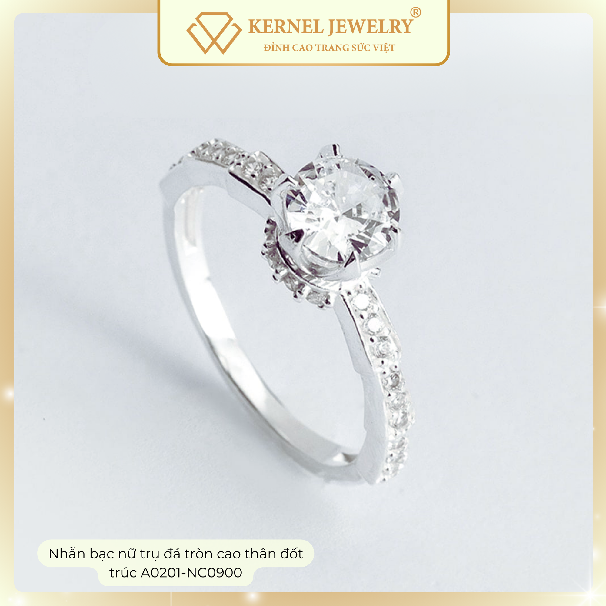Nhẫn Bạc nữ trụ đá tròn cao thân đốt trúc KERNEL JEWELRY A0201-NC0900-duoc-ban-tai-KERNEL JEWELRY ®️
