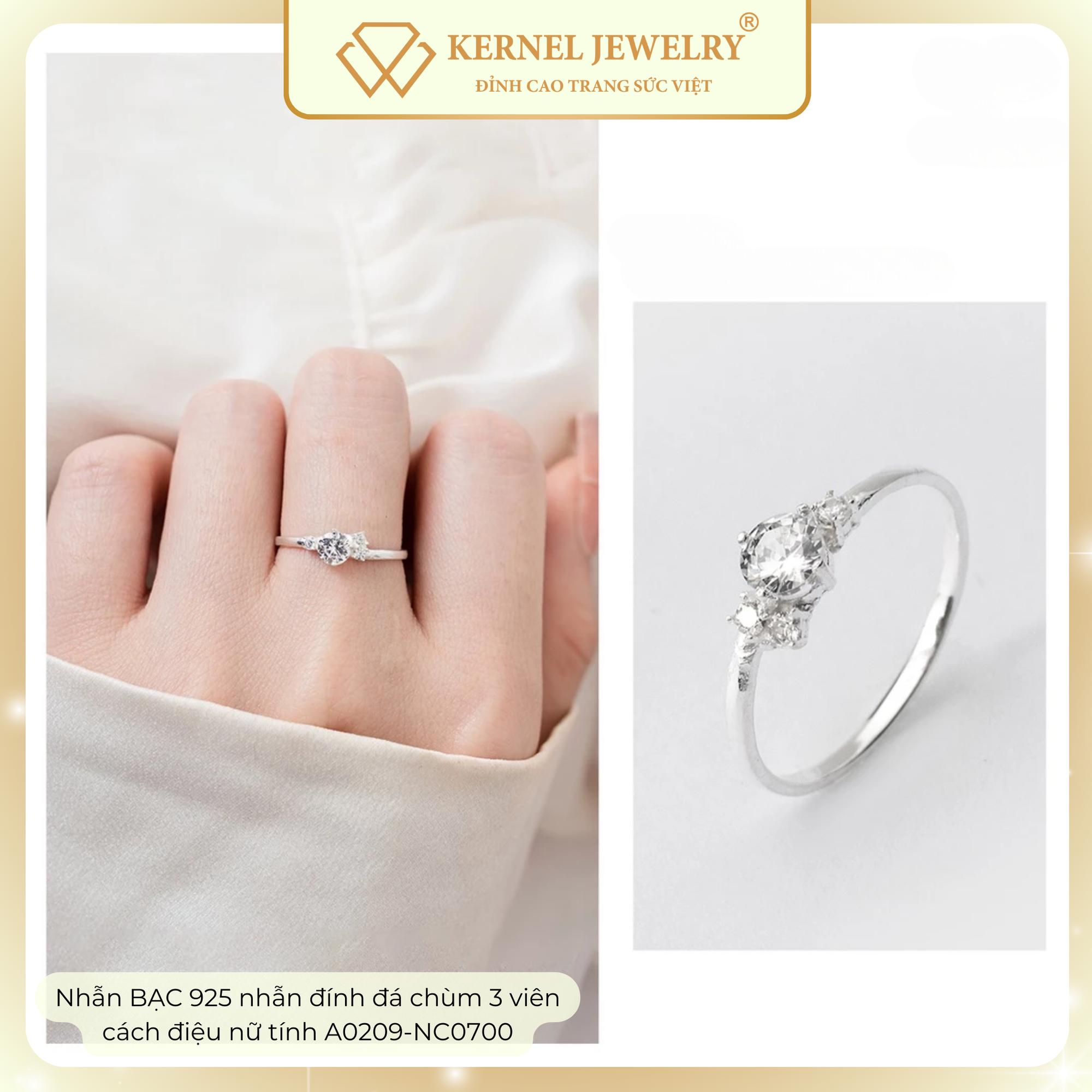 Nhẫn BẠC 925 nhẫn đính đá chùm 3 viên cách điệu nữ tính Kernel Jewelry A0209-NC0700-duoc-ban-tai-KERNEL JEWELRY ®️