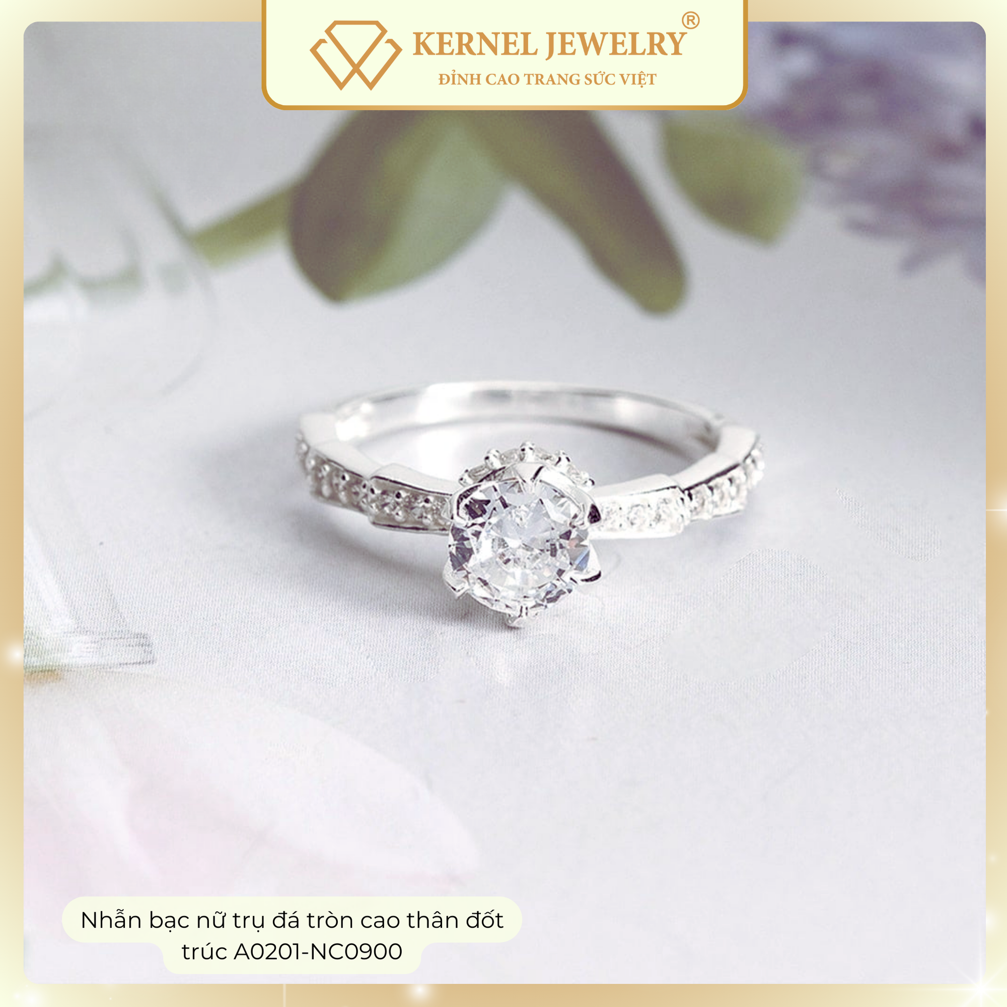 Nhẫn Bạc nữ trụ đá tròn cao thân đốt trúc KERNEL JEWELRY A0201-NC0900-duoc-ban-tai-KERNEL JEWELRY ®️