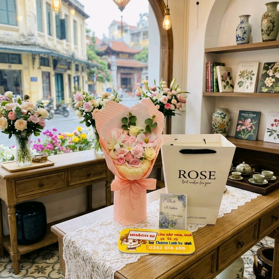 BÓ HOA SÁP HỒNG TỶ MUỘI MIX HOA LỤA LY  HỒNG TRẮNG-duoc-ban-tai-SHOP QUÀ TẶNG CHARME LANHVU