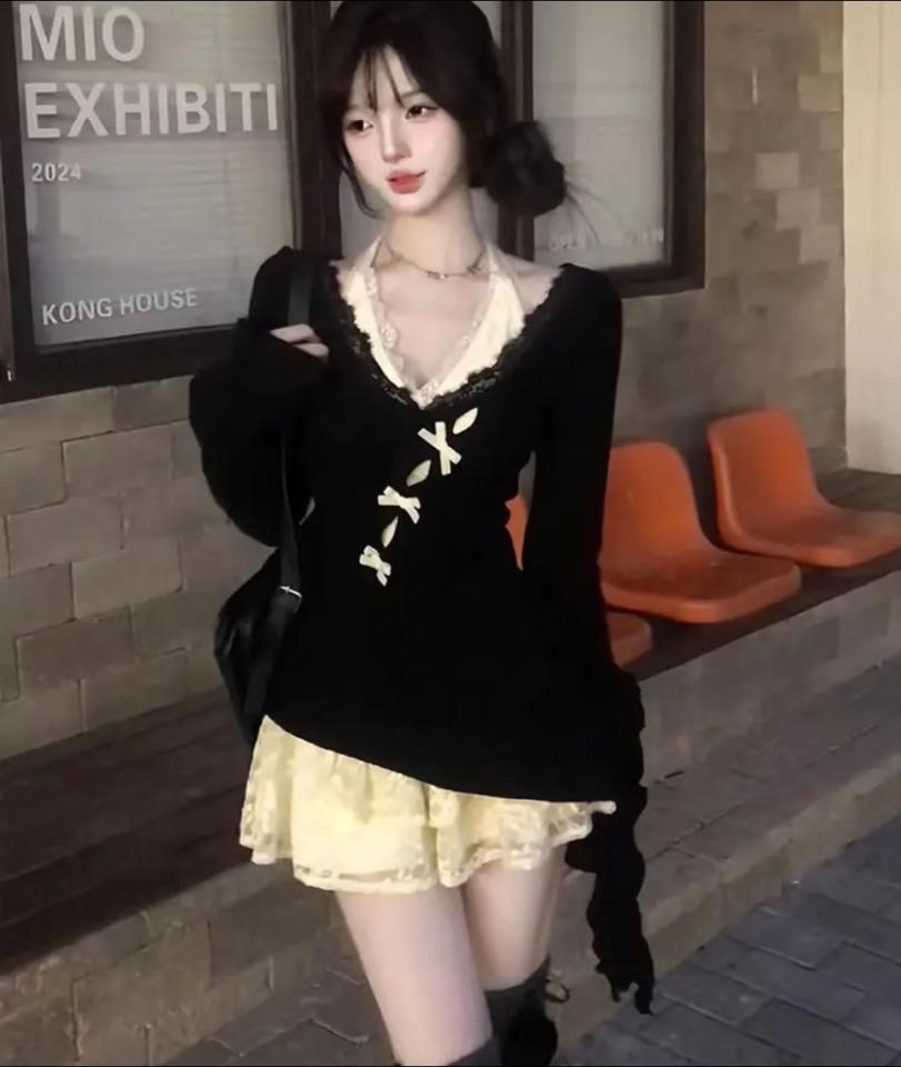 Bộ đồ bó sát dệt kim che phủ ren váy bên trong, phong cách dễ thương gợi cảm-duoc-ban-tai-YUAN HOU