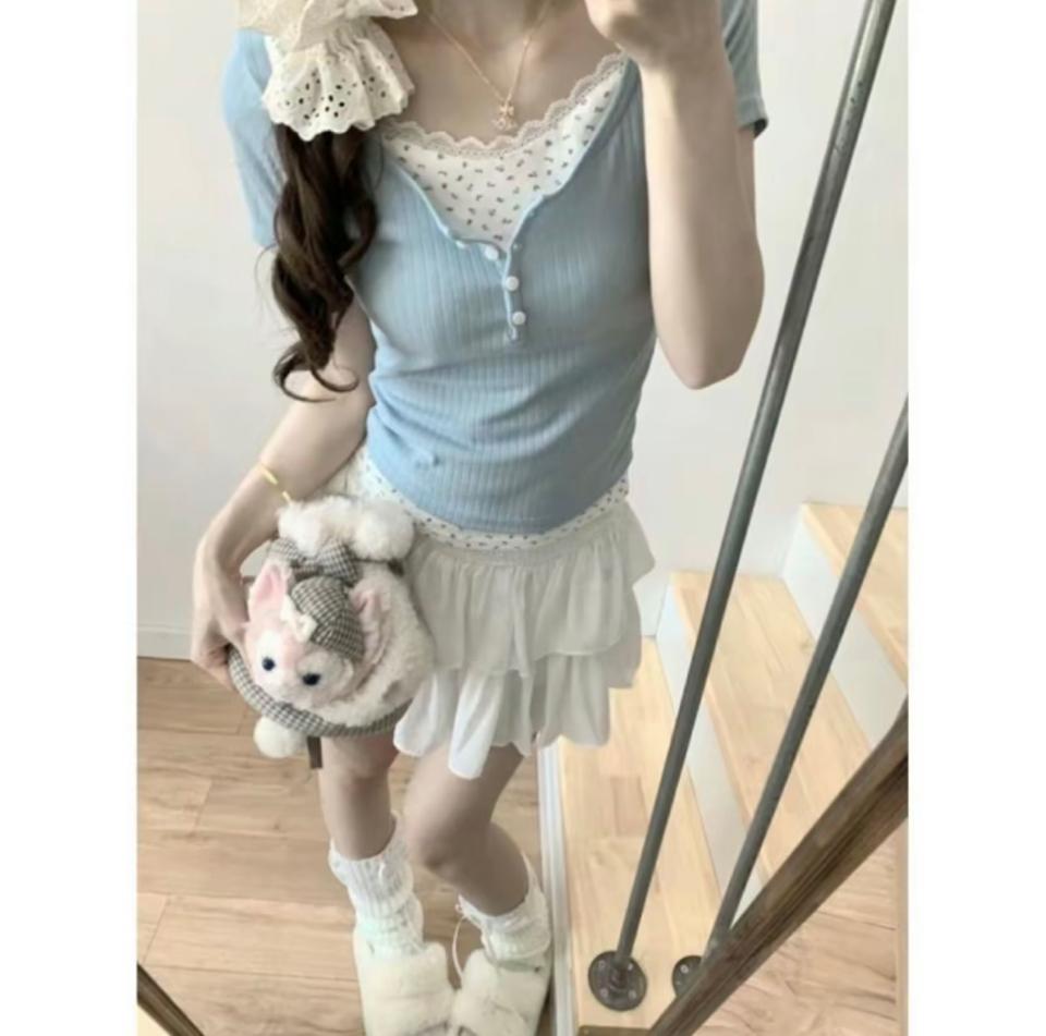 Bộ váy Áo thun hoa ngắn tay xanh giả 2 lớp-368-duoc-ban-tai-YUAN HOU