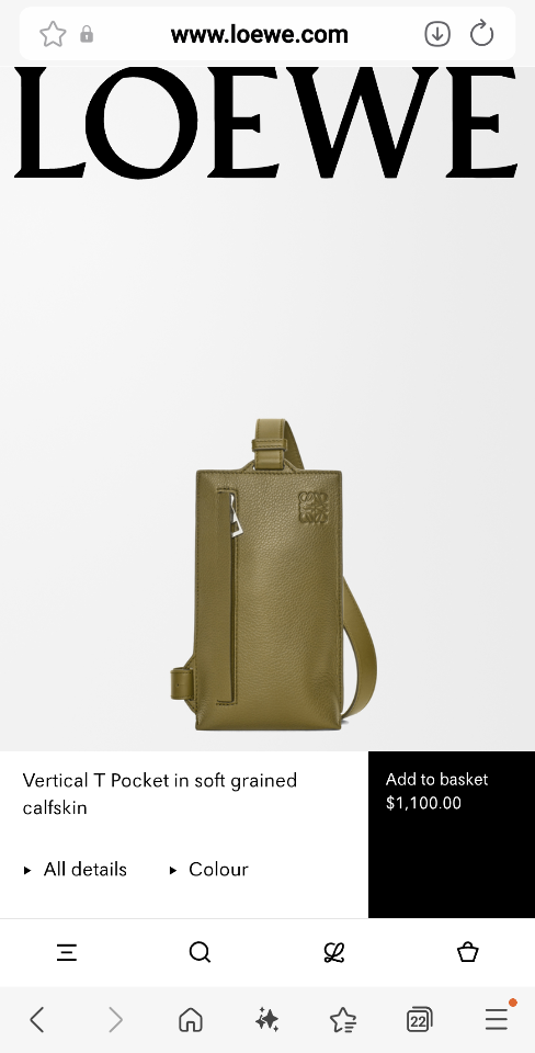 Loewe Vertical T Pocket in soft grained calfskin khaki green C660P02X0122*6.5*13 11039-duoc-ban-tai-Hvip Bags and Accessories