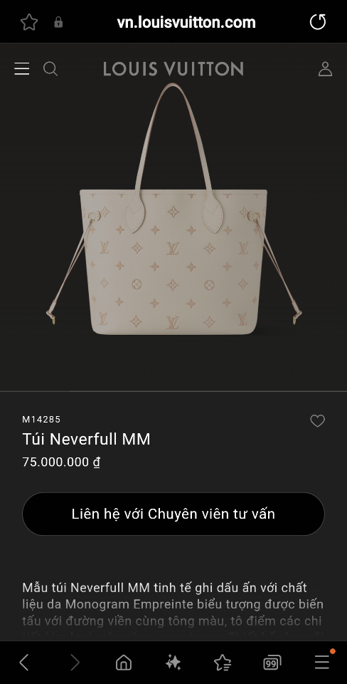 Louis Vuitton M14285
Túi Neverfull MM 32x29x17 cm-duoc-ban-tai-Hvip Bags and Accessories