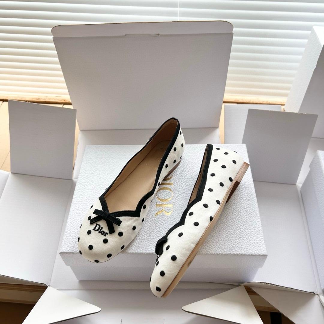 Dior Romance Ballet FlatBlack Cotton Embroidered with White PolkaDior MotifK DF327PEN_S11X-duoc-ban-tai-Hvip Shoes and Clothes
