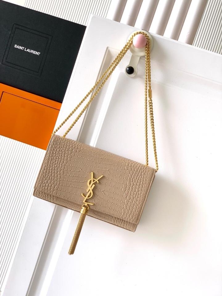 Saint Laurent Ysl 
KATE MEDIUM TASSEL IN CROCODILE-EMBOSSED LEATHER
Taupe 354119 24x14.5x5.5cm (1) -duoc-ban-tai-Hvip Bags and Accessories