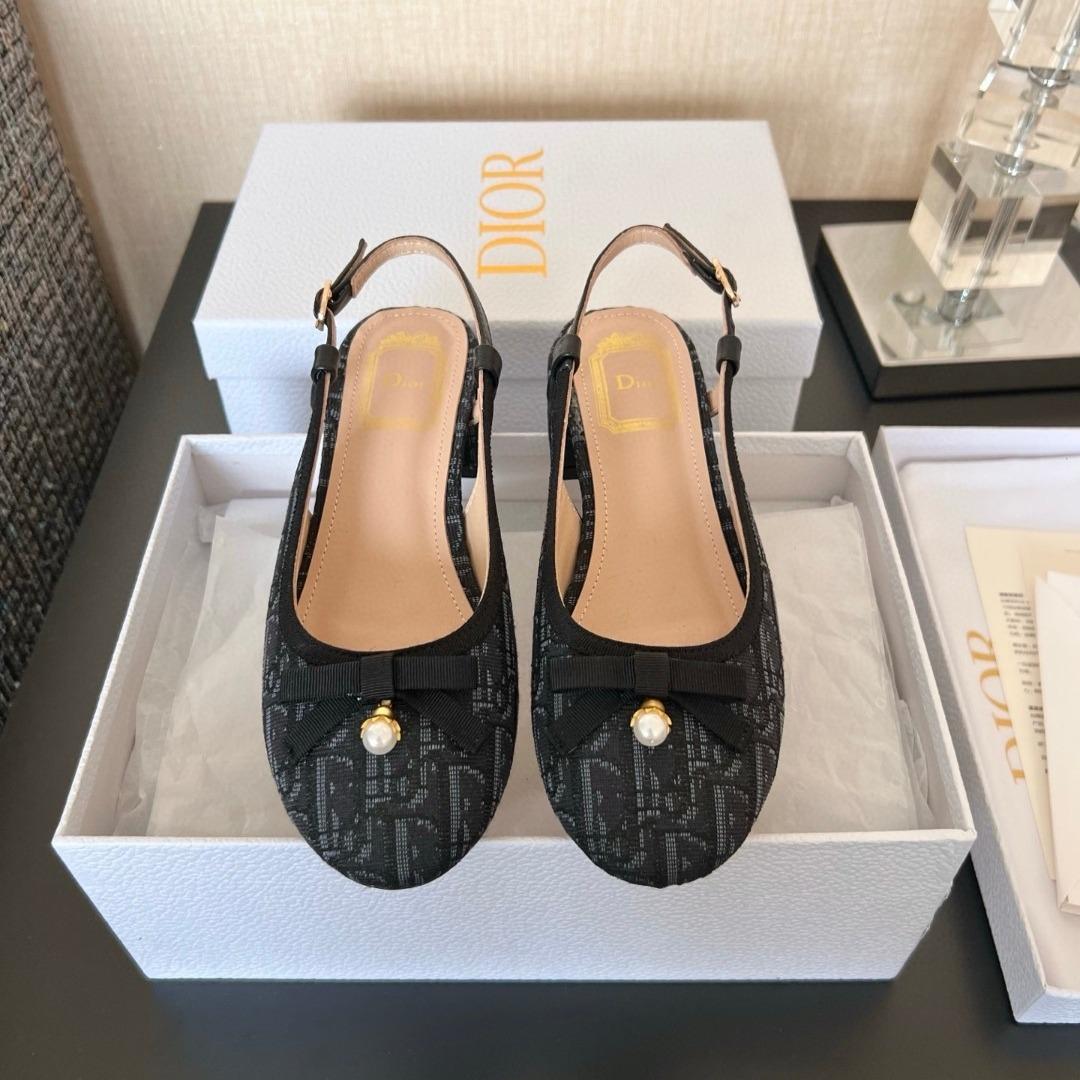 Dior Ballet Slingback PumpCotton Embroidered with Deep Blue Dior Oblique Motif-duoc-ban-tai-Hvip Shoes and Clothes
