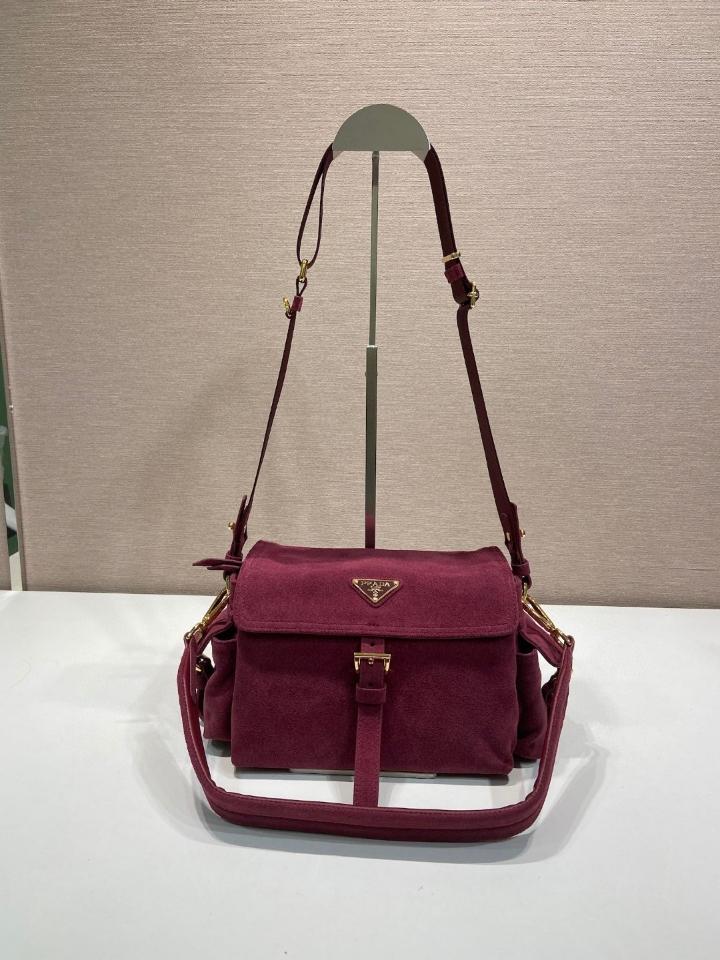
Prada Explore medium suede shoulder bag with flap burgundy 1BD394 30x14x10cm-duoc-ban-tai-Hvip Bags and Accessories