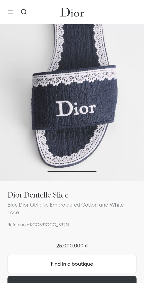 Dior Dentelle Slide
Blue Dior Oblique Embroidered Cotton and White Lace KCO531OCC-duoc-ban-tai-Hvip Shoes and Clothes