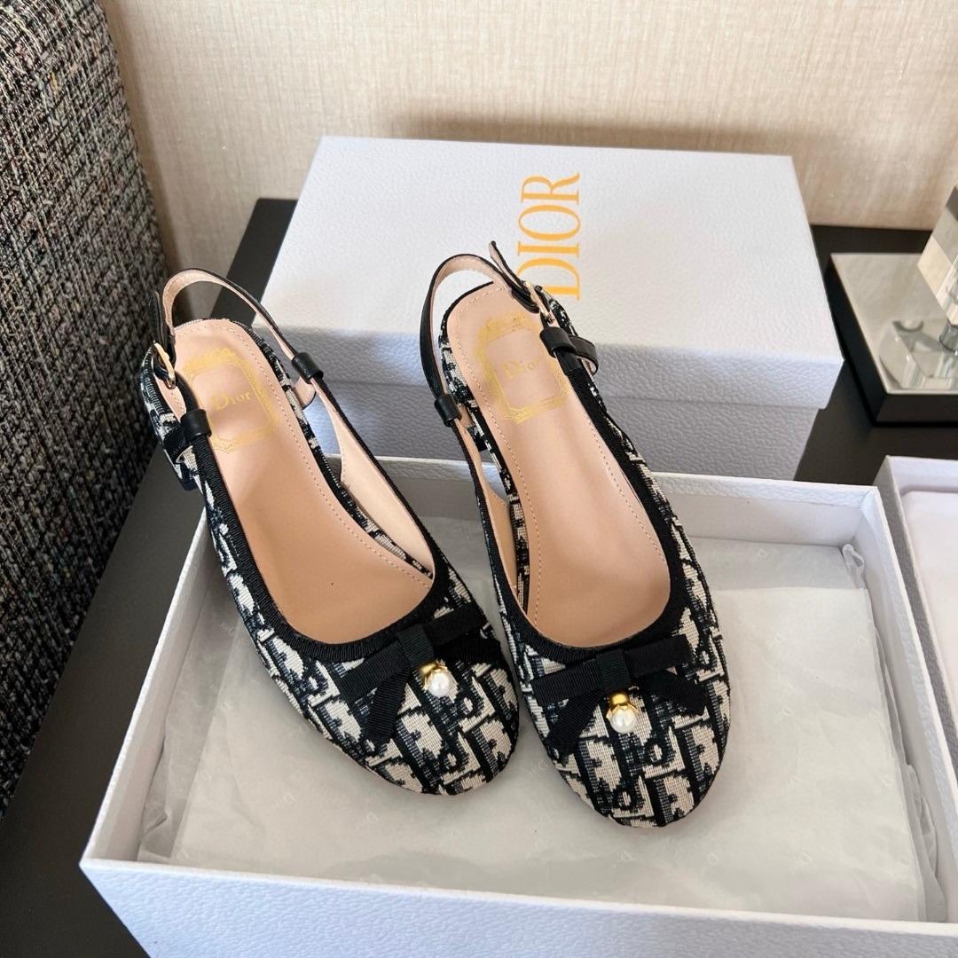 Dior Ballet Slingback PumpCotton Embroidered with Deep Blue Dior Oblique Motif-duoc-ban-tai-Hvip Shoes and Clothes