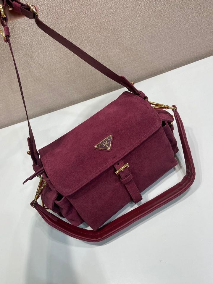 
Prada Explore medium suede shoulder bag with flap burgundy 1BD394 30x14x10cm-duoc-ban-tai-Hvip Bags and Accessories