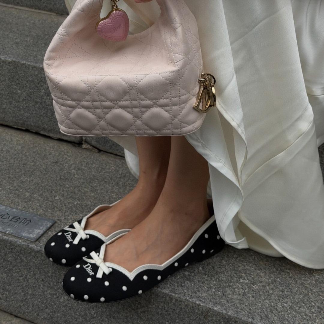Dior Romance Ballet FlatBlack Cotton Embroidered with White PolkaDior MotifK DF327PEN_S11X-duoc-ban-tai-Hvip Shoes and Clothes