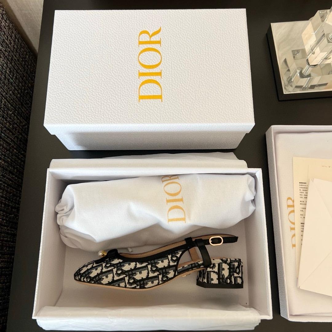 Dior Ballet Slingback PumpCotton Embroidered with Deep Blue Dior Oblique Motif-duoc-ban-tai-Hvip Shoes and Clothes