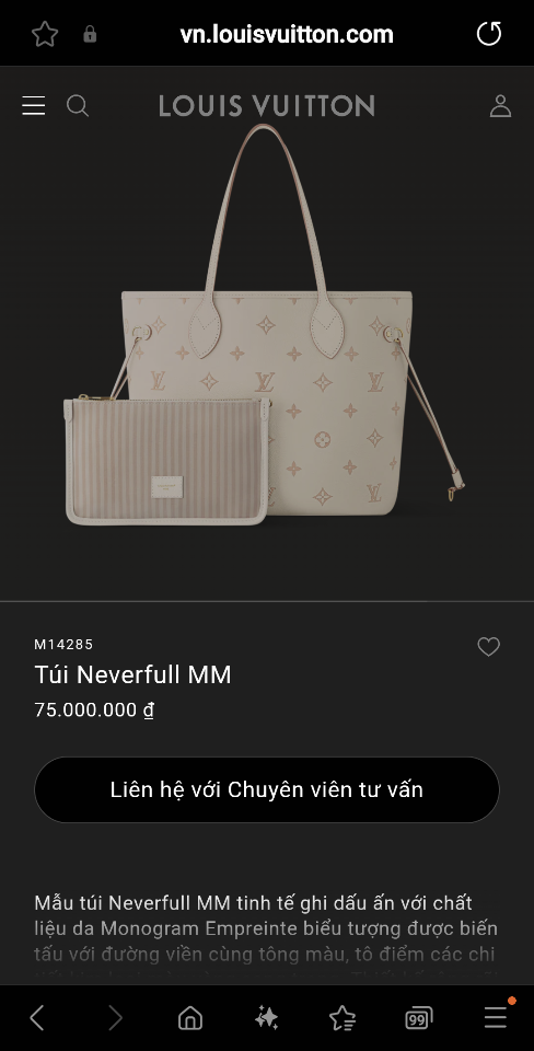 Louis Vuitton M14285
Túi Neverfull MM 32x29x17 cm-duoc-ban-tai-Hvip Bags and Accessories