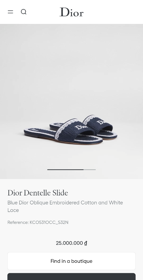 Dior Dentelle Slide
Blue Dior Oblique Embroidered Cotton and White Lace KCO531OCC-duoc-ban-tai-Hvip Shoes and Clothes