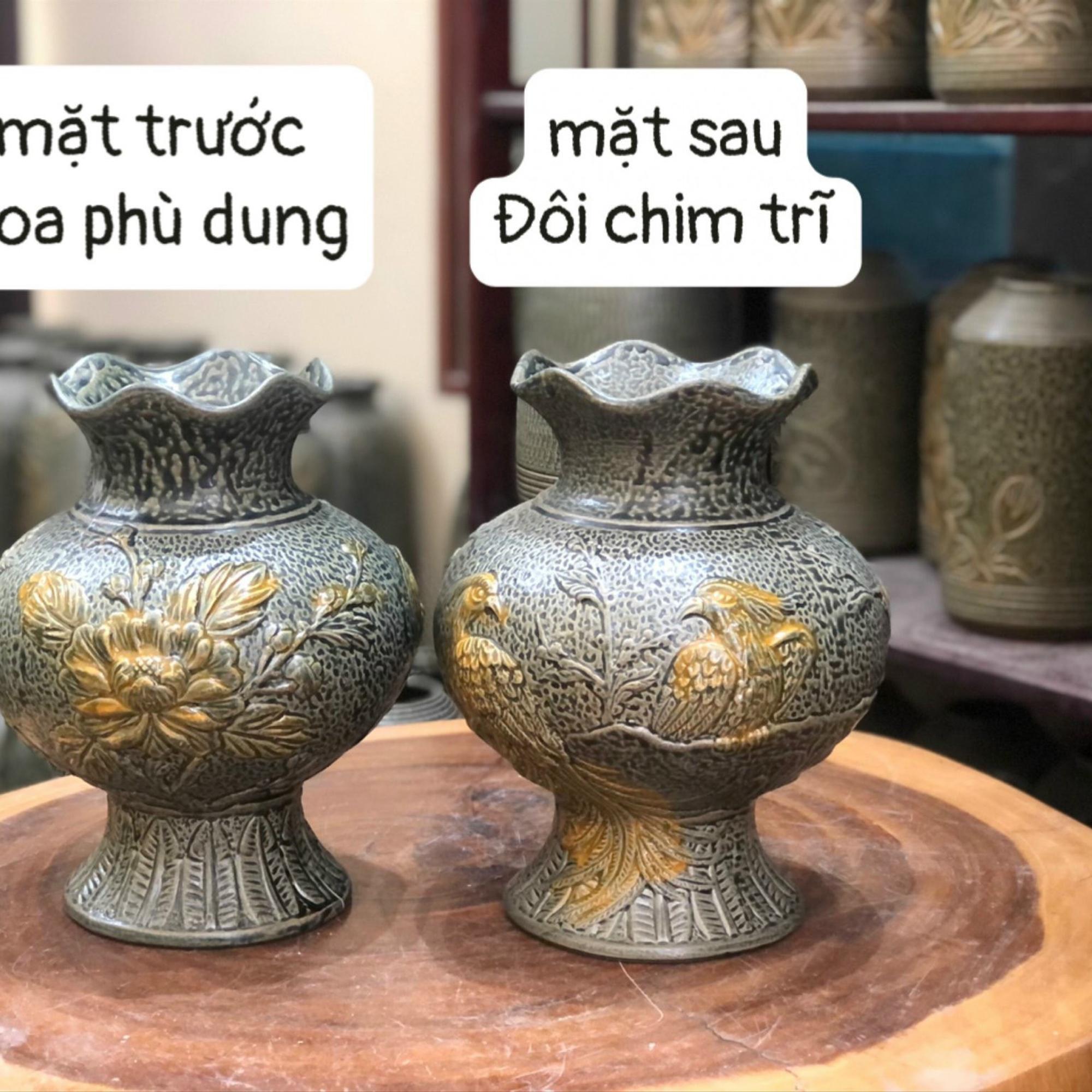 Bình hoa men cổ họa tiết hoa - chim trĩ khắc nổi gốm Bát Tràng-duoc-ban-tai-K&N Family