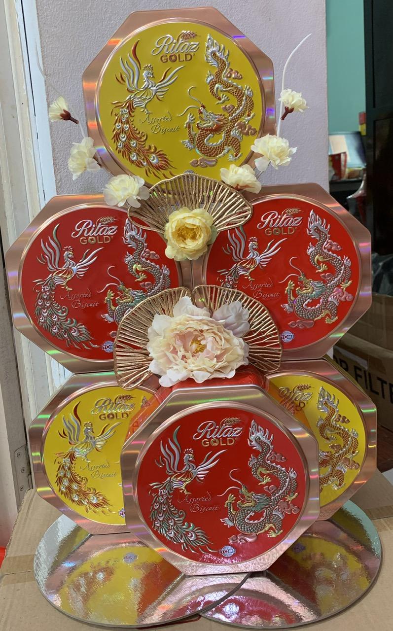 Tháp bánh lễ Rồng Phượng hộp thiếc bát giác-duoc-ban-tai-K&N Family
