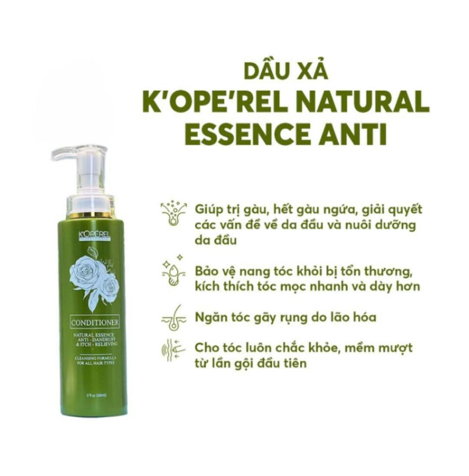 Dầu xả K’OPE’REL Natural Essence Anti – Dandruff & Itch – Relieving Conditioner - Hương Hoa hồng, giúp ngăn ngừa và làm giảm tình trạng tóc gãy rụng, chẻ ngọn - 500ml - Hàng Việt Nam chất lượng cao

Dầu xả K’OPE’REL Natural Essence Anti - Dandruff & Itch -Relieving Conditioner chuyên nghiệp dùng cho salon, giúp tóc suôn mượt, mềm mại. Bổ sung Saponins cùng với các chiết xuất từ thiên nhiên giúp tăng khả năng kháng khuẩn, kháng viêm, kháng nấm cho da đầu sạch gầu hết ngứa, ngăn ngừa tóc gãy rụng hiệu quả. Trả lại cho bạn mái tóc chắc khỏe, mềm mượt cùng hương nước hoa hồng dịu nhẹ thơm mát.



Đặc điểm nổi bật:


	Đem lại mái tóc chắc khỏe, mềm mượt tự nhiên.



	Hoạt chất Saponins có khả năng kháng nấm, kháng khuẩn, kháng viêm.
	Cung cấp Axit Amin cấu tạo nên sợi tóc.
	Hương nước hoa hồng thơm dịu nhẹ.


Công dụng:


	Hoạt chất Saponins giúp trị gàu, hết gàu hết ngứa, giải quyết các vấn đề về da đầu và nuôi dưỡng da đầu.
	Bảo vệ nang tóc khỏi bị tổn thương, kích thích tóc mọc nhanh hơn, dày hơn
	Ngăn tóc gãy rụng do lão hóa.
	Cho tóc luôn chắc khỏe, mềm mượt ngay từ lần gội đầu tiên.


Sản phẩm được các salon trên toàn quốc lựa chọn, tin tưởng và sử dụng



Lưu ý:


	Bảo quản nơi khô ráo thoáng mát, tránh ánh nắng trực tiếp.
	Để xa tầm tay trẻ em.
	Tránh tiếp xúc trực tiếp với mắt. Nếu sản phẩm dính vào mắt, hãy rửa kỹ bằng nước.

Giá  :  200 K 
Số lượng 1️⃣. 
☎️ 0797254043-duoc-ban-tai-PHƯƠNG LINH Shop