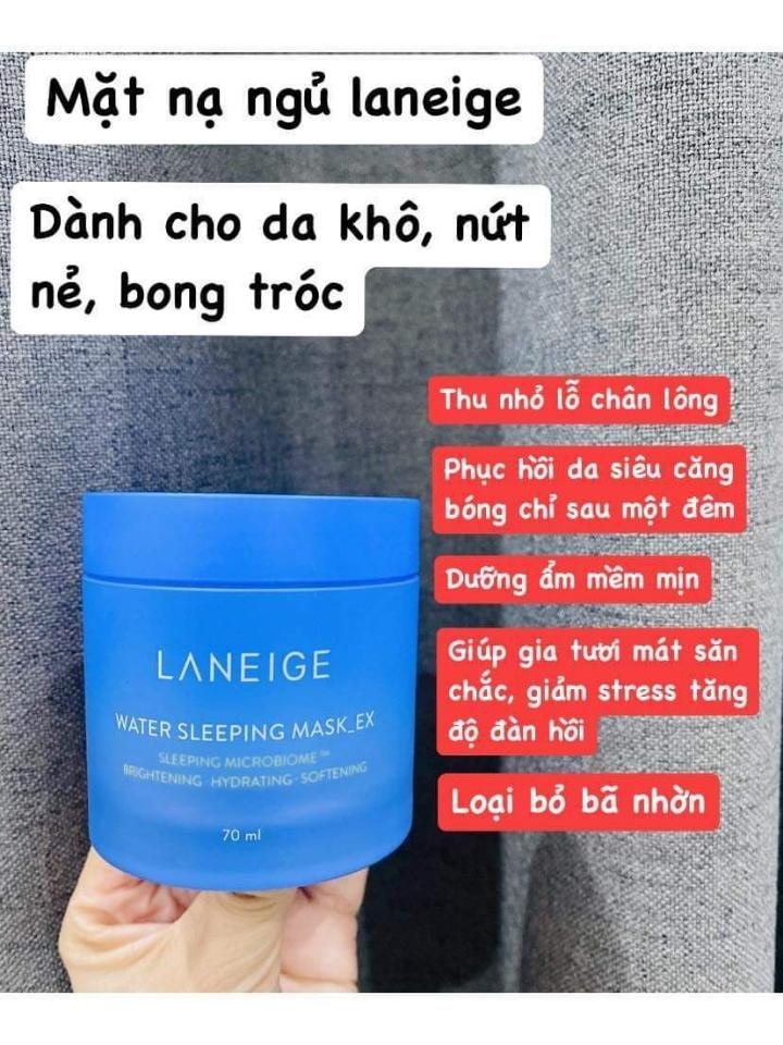 Một làn da đủ ẩm là 1 làn da khoẻ căng tràn sức sống.
Nếu bạn là 1 cô gái lười chăm sóc da, thì truóc khi đi ngủ bạn chỉ cần dùng mặt nạ ngủ này 
❤️❤️❤️❤️😍😍😍😍
💦 NGỦ MỘT GIẤC DẬY LÀN DA ĐƯỢC TÁI SINH CĂNG MƯỚT
#MặtnạngủLaneig 
70ml
Đảm bảo không dính bết...
💧Mặt Nạ Ngủ Laneige Dưỡng Ẩm Water Sleeping Mask không những cung cấp đầy đủ nước , vitamin cho Da, chống lão hóa và dưỡng trắng da mà còn thúc đẩy quá trình hồi phục da...

💧Chiết xuất từ mận Huza chống oxi hóa, cải thiện sắc tố da, mang lại độ tươi sáng rạng rỡ cho làn da mờ xỉn, thiếu sức sống.

💧Tăng cường sức đề kháng cho da, kích thích hình thành Collagen, giúp phục hồi tế bào yếu.

💧Mặt nạ ngủ dạng gel, thẩm thấu nhanh, giúp cung cấp nước và độ ẩm, loại bỏ bã nhờn, tái tạo da suốt đêm, dưỡng trắng da, mang lại giấc ngủ ngon, thư giãn...
Giá bán lẻ 320K
Số lượng 1️⃣
☎️ 0797254043-duoc-ban-tai-PHƯƠNG LINH Shop