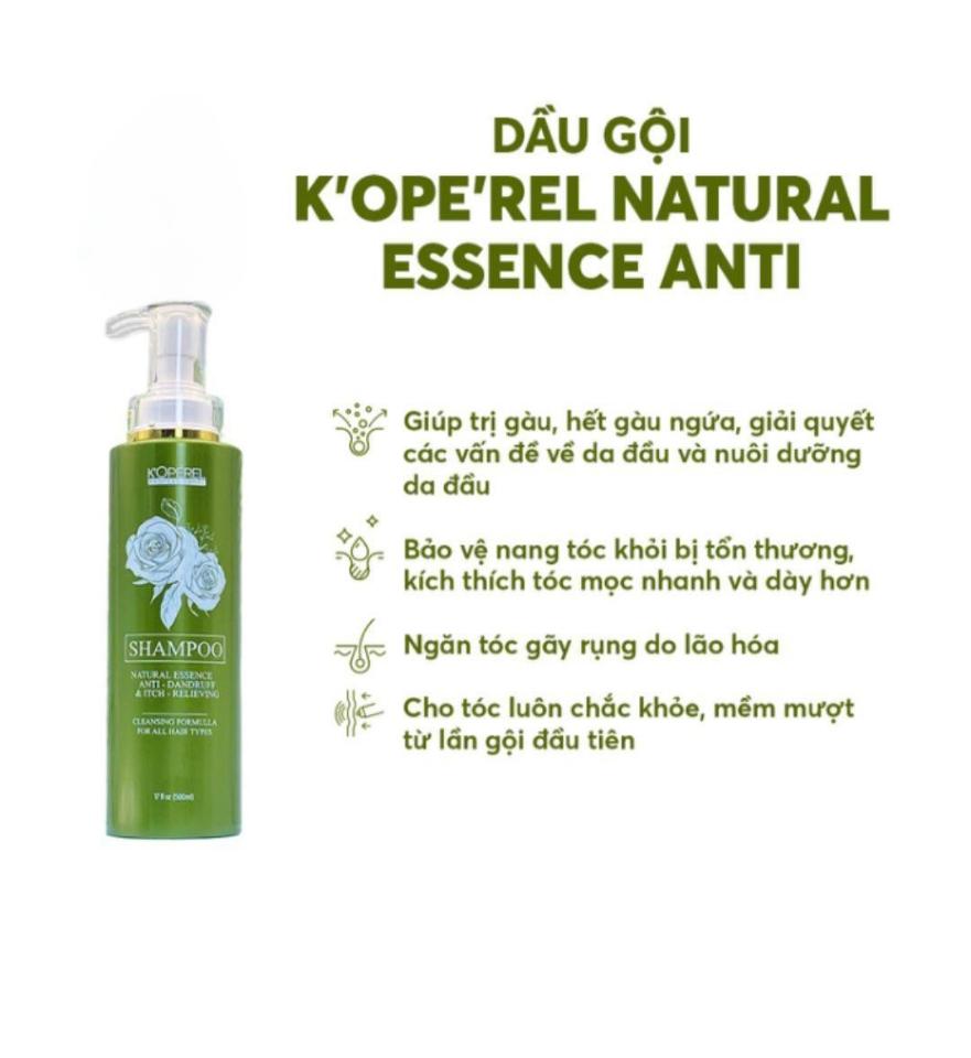 Dầu gội K’OPE’REL Natural Essence Anti – Dandruff & Itch – Relieving Shampoo - Hương Hoa hồng, giúp mái tóc mềm mượt chắc khoẻ - 500ml - Hàng Việt Nam chất lượng cao

Dầu gội đầu K’OPÉREL Hương Hoa Hồng chuyên nghiệp dùng cho salon. Hoạt chất Saponins cùng với các chiết xuất từ thiên nhiên giúp tăng khả năng kháng khuẩn, kháng viêm, kháng nấm cho da đầu sạch gầu hết ngứa, ngăn ngừa tóc gãy rụng hiệu quả. Trả lại cho bạn mái tóc chắc khỏe, mềm mượt cùng hương nước hoa hồng dịu nhẹ thơm mát.



Đặc điểm nổi bật:


	Các thành phần được chiết xuất hoàn toàn từ thiên nhiên
	Hoạt chất Saponins có khả năng kháng nấm, kháng khuẩn, kháng viêm
	Cung cấp Axit Amin cấu tạo nên sợi tóc
	Hương nước hoa hồng thơm dịu nhẹ


Công dụng:


	Hoạt chất Saponins giúp trị gàu, hết gàu hết ngứa, giải quyết các vấn đề về da đầu và nuôi dưỡng da đầu.
	Bảo vệ nang tóc khỏi bị tổn thương, kích thích tóc mọc nhanh hơn, dày hơn
	Ngăn tóc gãy rụng do lão hóa.
	Cho tóc luôn chắc khỏe, mềm mượt ngay từ lần gội đầu tiên


Sản phẩm được các salon tóc chuyên nghiệp tin tưởng và sử dụng



Lưu ý:


	Bảo quản nơi khô ráo thoáng mát, tránh ánh nắng trực tiếp.
	Để xa tầm tay trẻ em.
	Tránh tiếp xúc trực tiếp với mắt. Nếu sản phẩm dính vào mắt, hãy rửa kỹ bằng nước.

Giá 200k 
Số lượng 1️⃣
☎️ 0797254043-duoc-ban-tai-PHƯƠNG LINH Shop