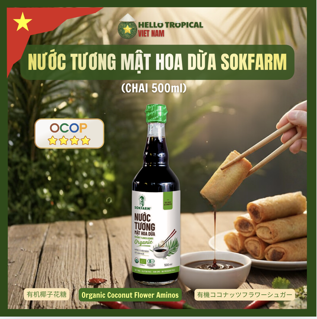 Nước tương mật hoa dừa hữu cơ SOKFARM dòng ít muối (Chai thủy tinh 500ml)-duoc-ban-tai-HELLO TROPICAL VIETNAM