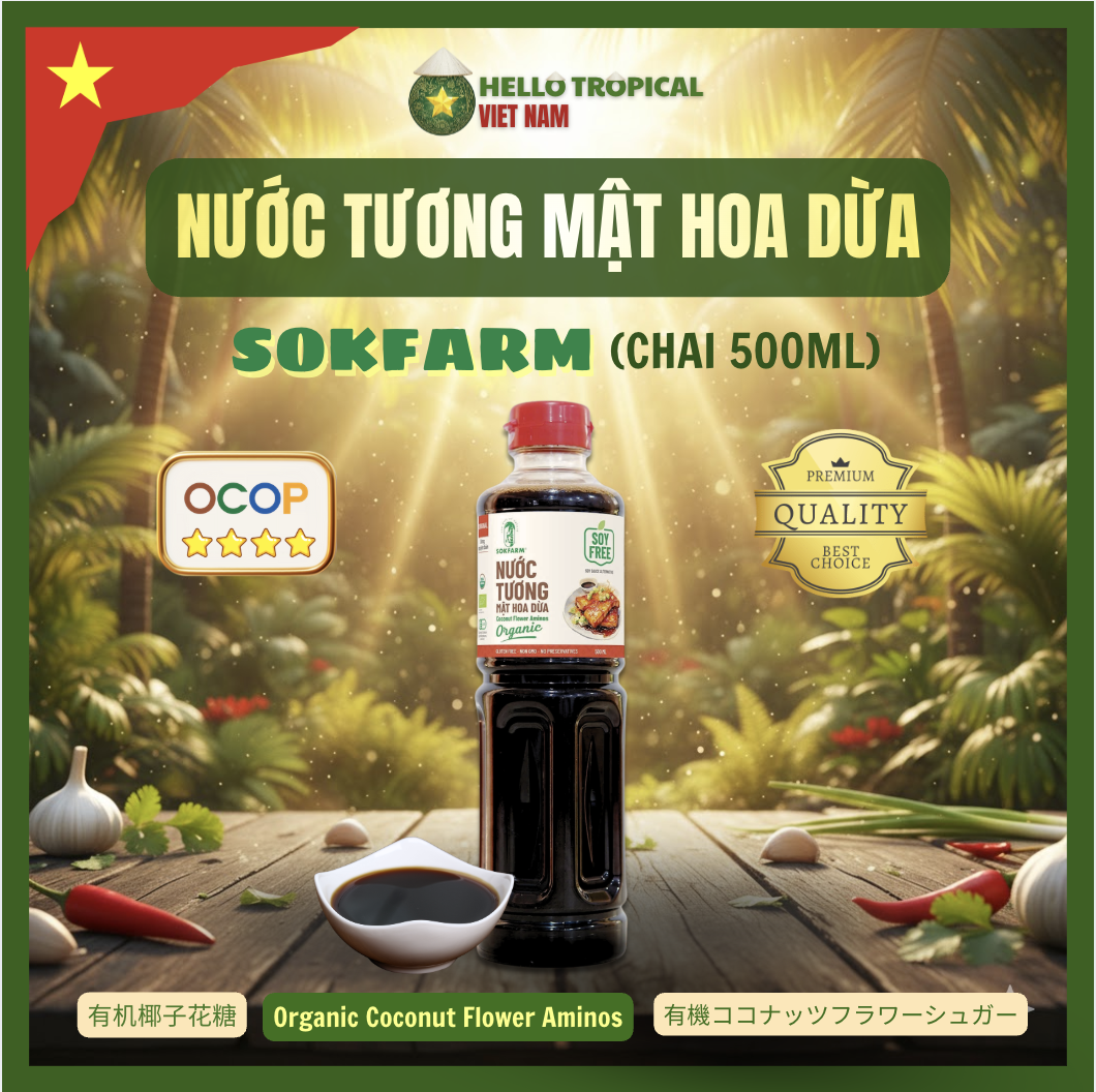 Nước tương mật hoa dừa hữu cơ dòng nguyên bản SOKFARM chính gốc Trà Vinh (chai siêu tiết kiệm 500ml)-duoc-ban-tai-HELLO TROPICAL VIETNAM