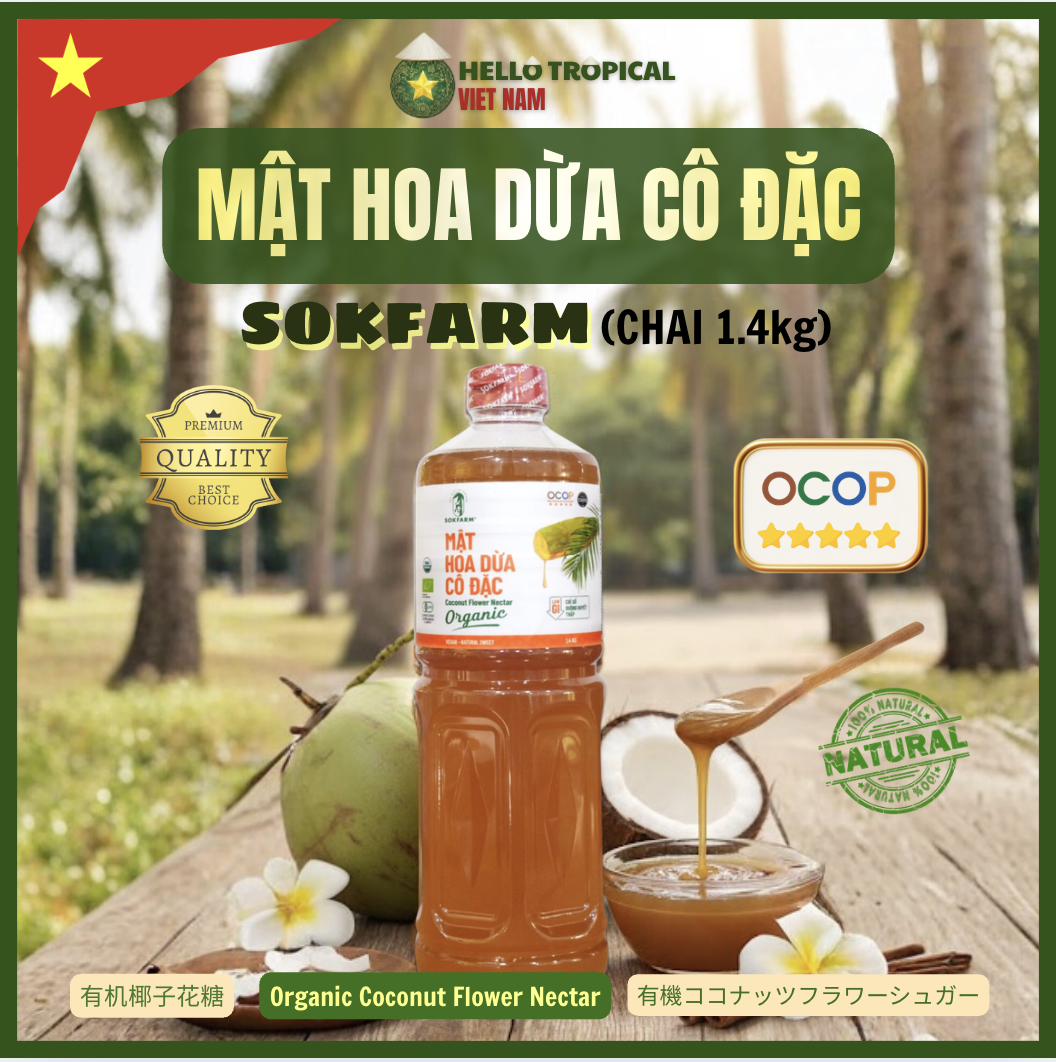 Mật hoa dừa cô đặc hữu cơ SOKFARM chính gốc Trà Vinh (Chai lớn tiết kiệm 1.4kg)-duoc-ban-tai-HELLO TROPICAL VIETNAM