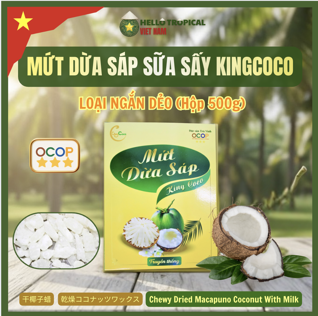 Mứt dừa sáp sữa dẻo ít ngọt chính gốc Trà Vinh KING COCO Loại ngắn (Hộp 500g, túi ép chân không bên trong)-duoc-ban-tai-HELLO TROPICAL VIETNAM