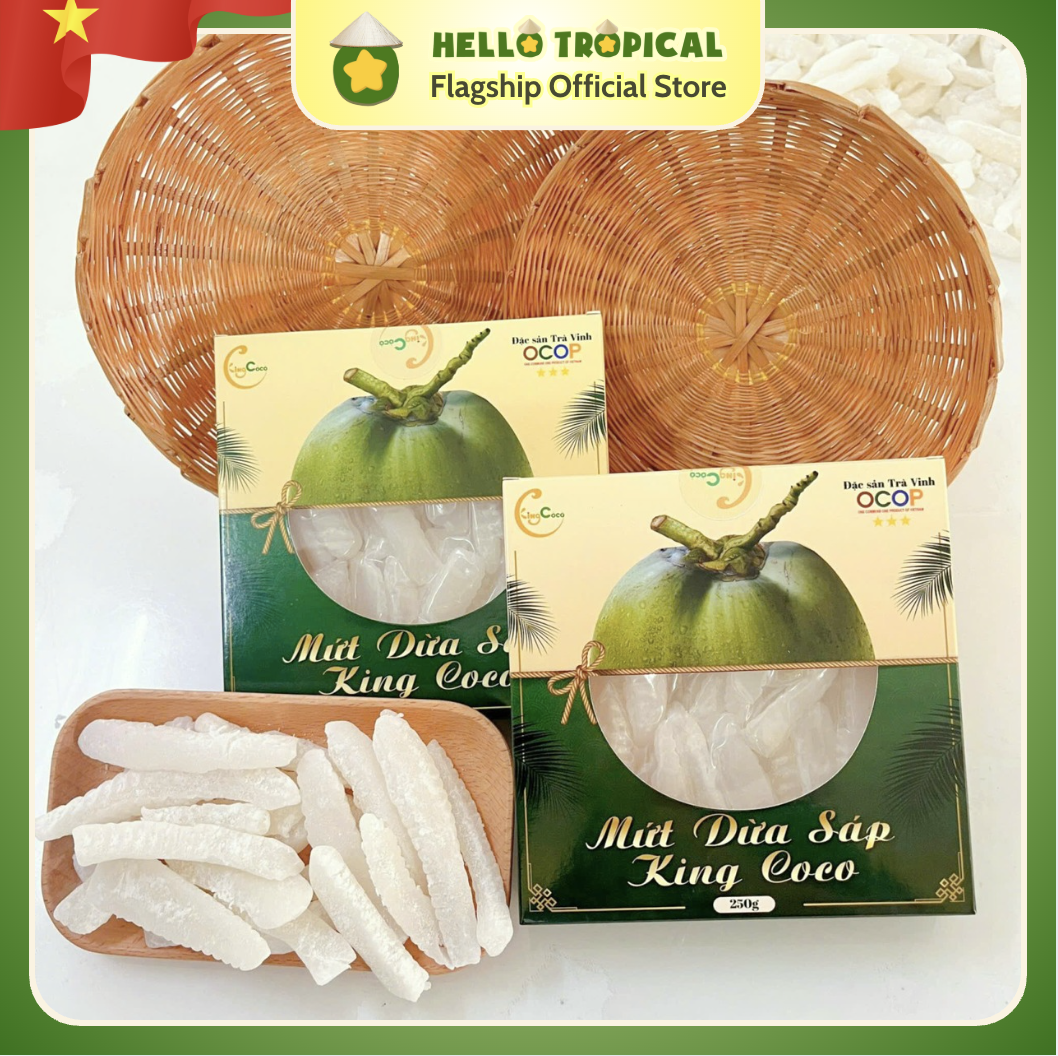 Mứt dừa sáp sữa dẻo ít ngọt chính gốc Trà Vinh KING COCO loại thượng hạn To Dài (Hộp 250g, túi ép chân không)-duoc-ban-tai-HELLO TROPICAL VIETNAM