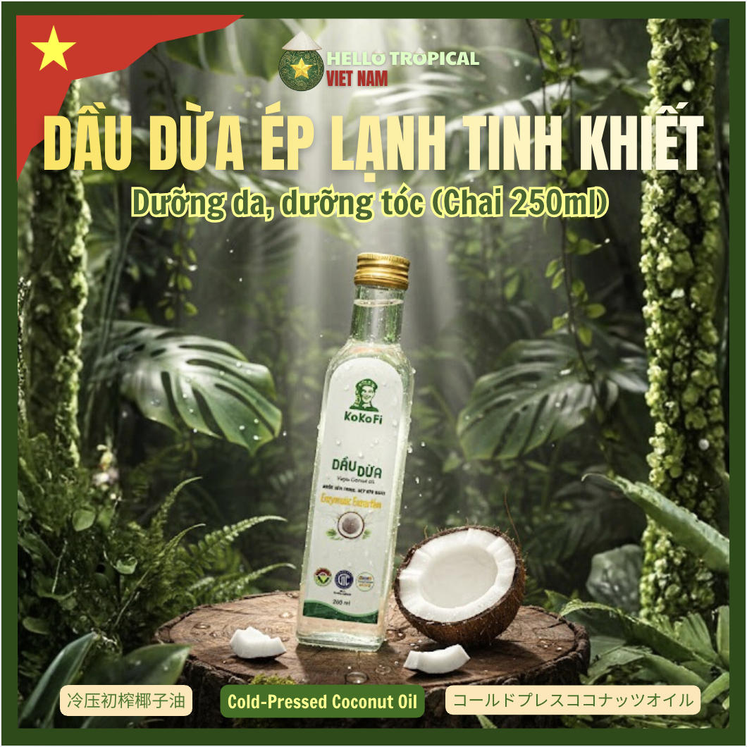 Dầu dừa ép lạnh tinh khiết dưỡng tóc dưỡng da từ vùng dừa Trà Vinh KOKOFI (Chai thủy tinh 250ml) -duoc-ban-tai-HELLO TROPICAL VIETNAM