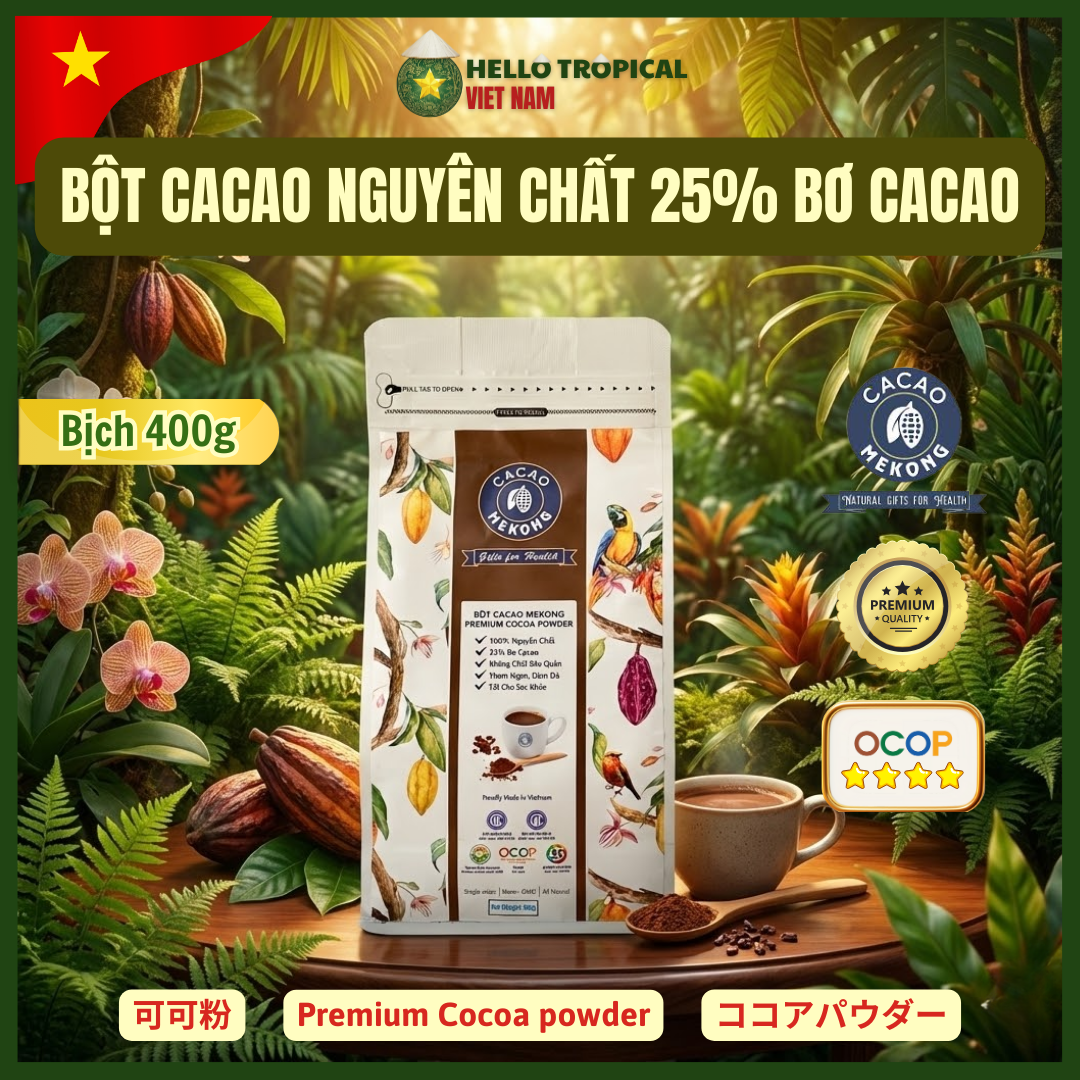 Bột cacao nguyên chất siêu hòa tan pha chế làm bánh CACAOMEKONG Trà Vinh (Gói tiết kiệm 400g)-duoc-ban-tai-HELLO TROPICAL VIETNAM