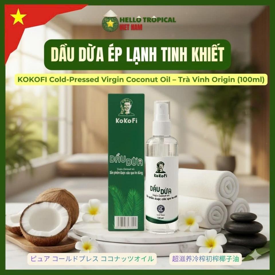 Dầu dừa ép lạnh nguyên chất siêu dưỡng có thể uống KOKOFI từ vùng dừa Trà Vinh (100ml)-duoc-ban-tai-HELLO TROPICAL VIETNAM