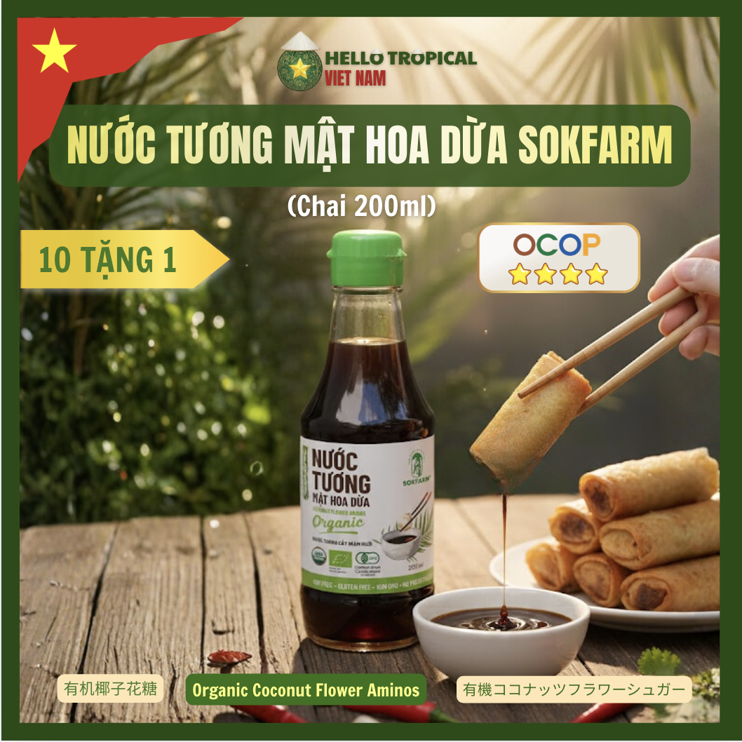 Nước tương mật hoa dừa SOKFARM dòng ít muối chính gốc Trà Vinh (Chai thủy tinh 200ml)-duoc-ban-tai-HELLO TROPICAL VIETNAM